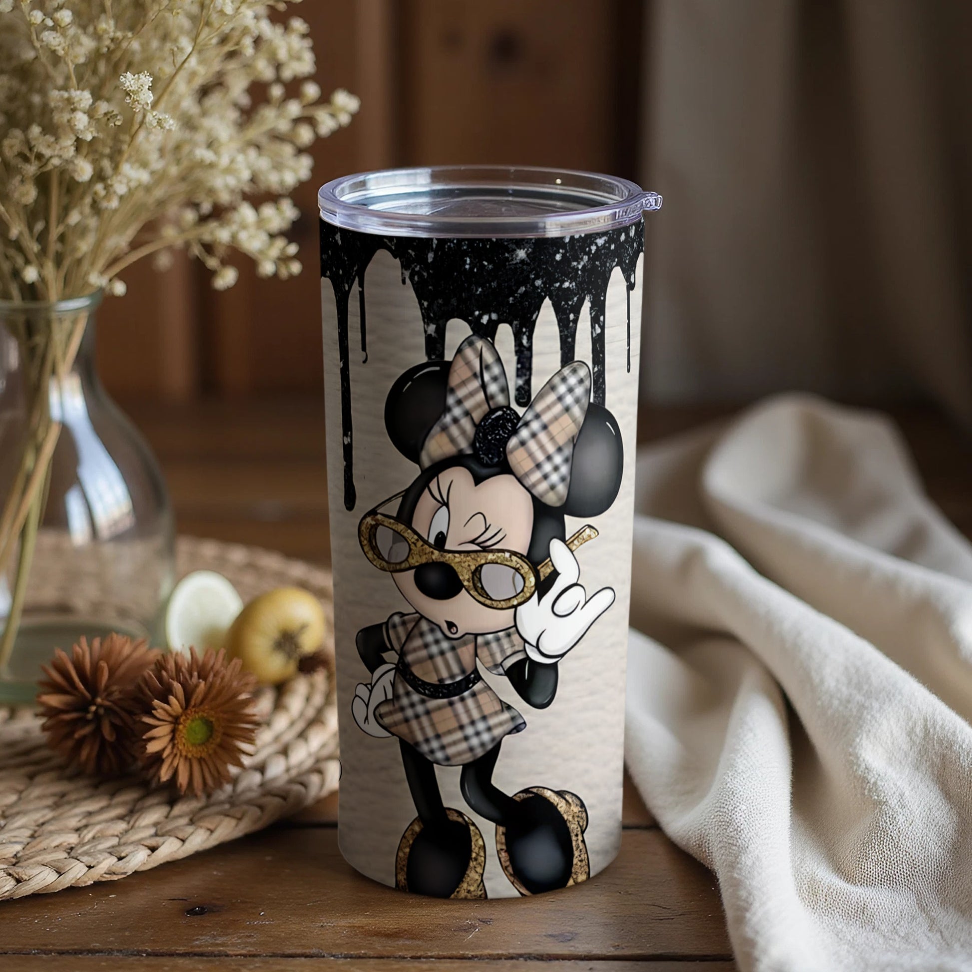Stylish Minnie Mouse Tumbler with Black Drip Design
