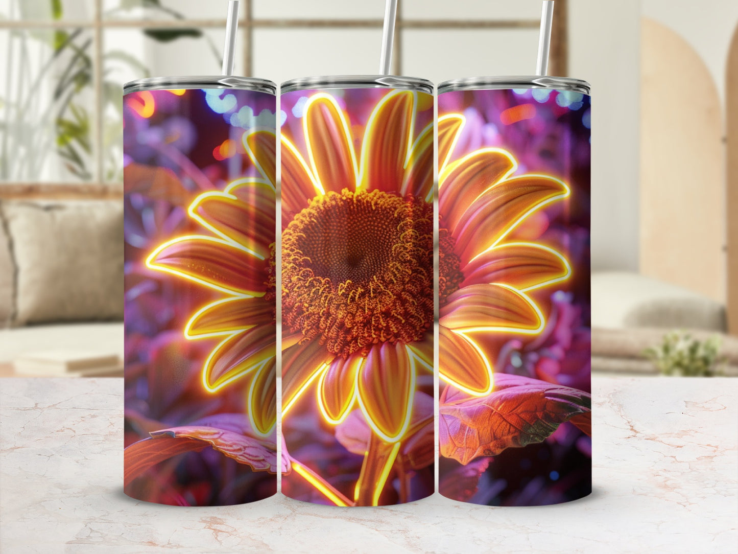 Three tumblers featuring a glowing sunflower against a blurry floral background.
