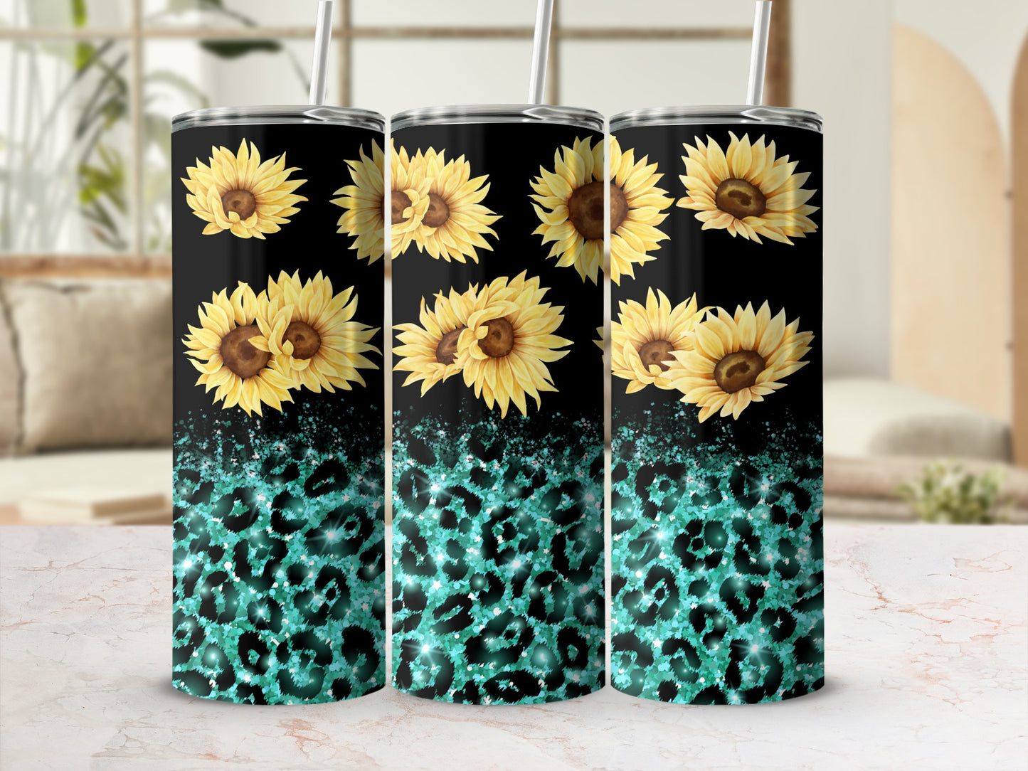 Black tumbler with sunflowers and teal leopard print.