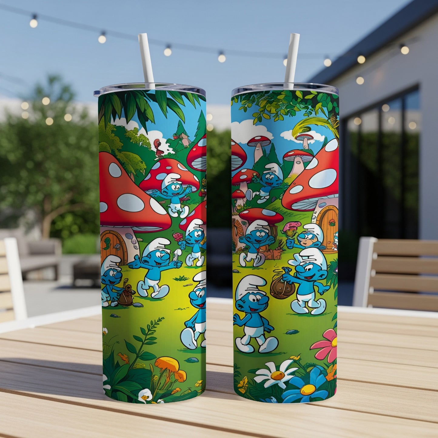 Smurfs in a forest setting with mushroom houses and flowers.