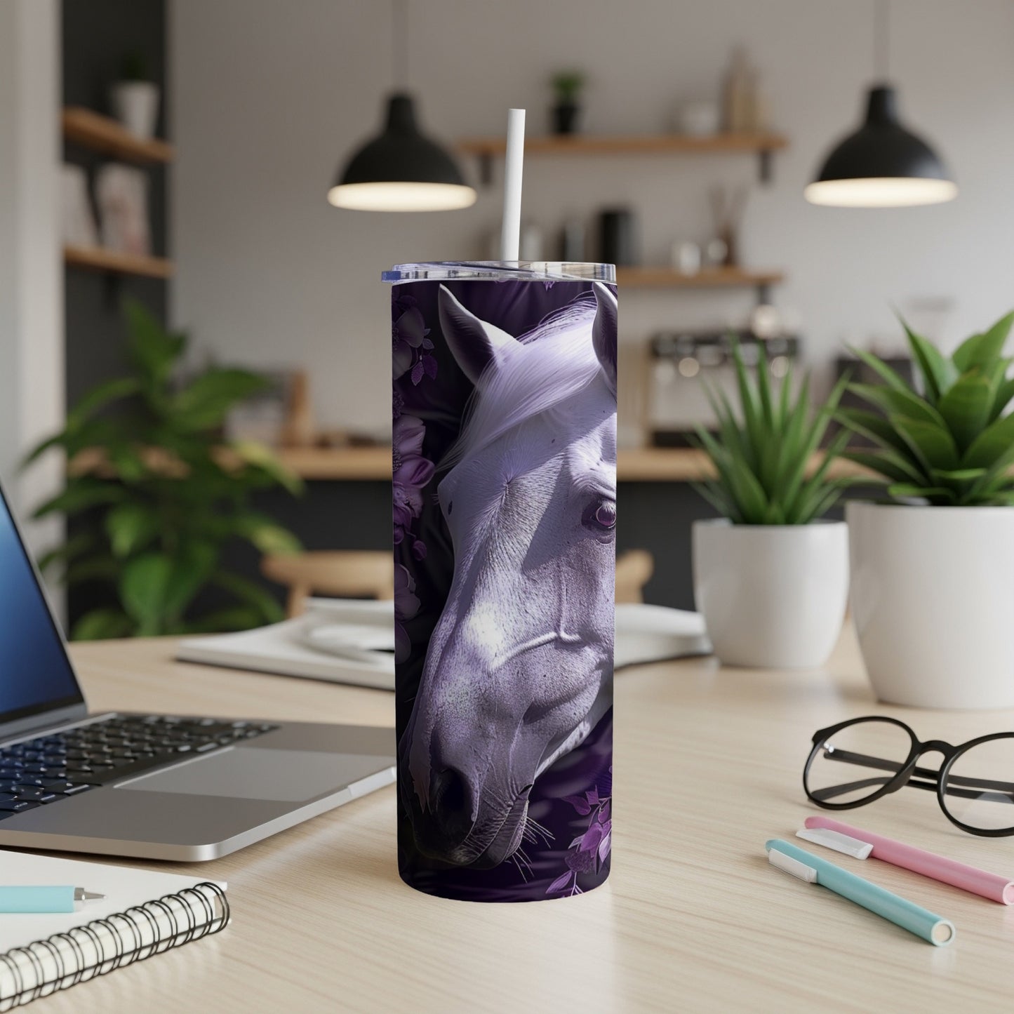 White horse head with purple floral accents on a tumbler.