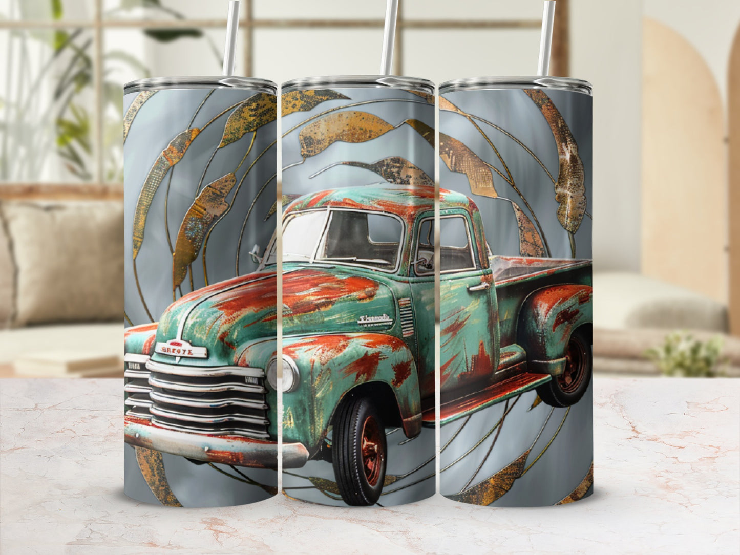 Distressed teal and orange vintage truck on a speckled metal background.