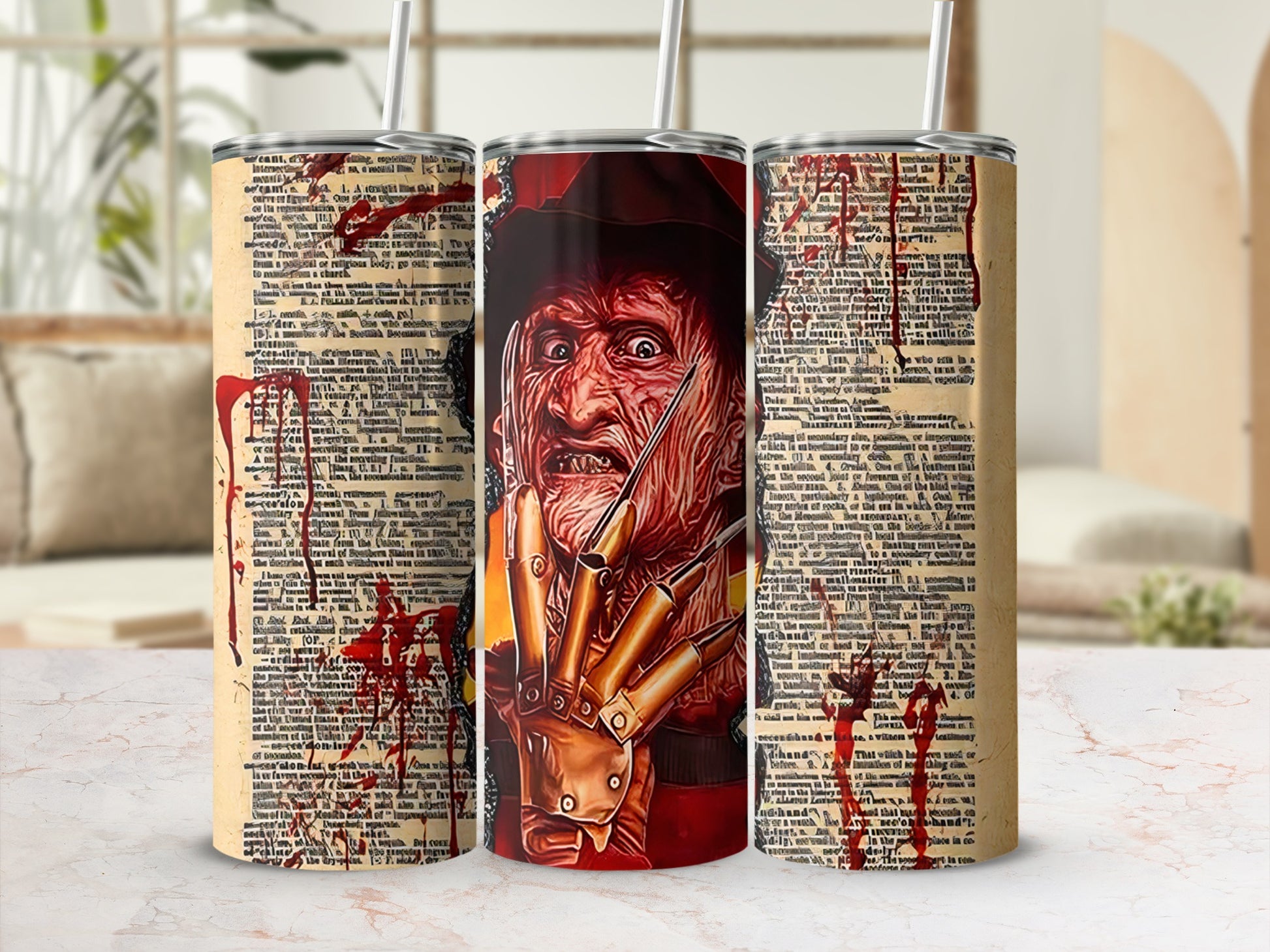 Freddy Krueger with outstretched glove on a bloody, text-covered tumbler.