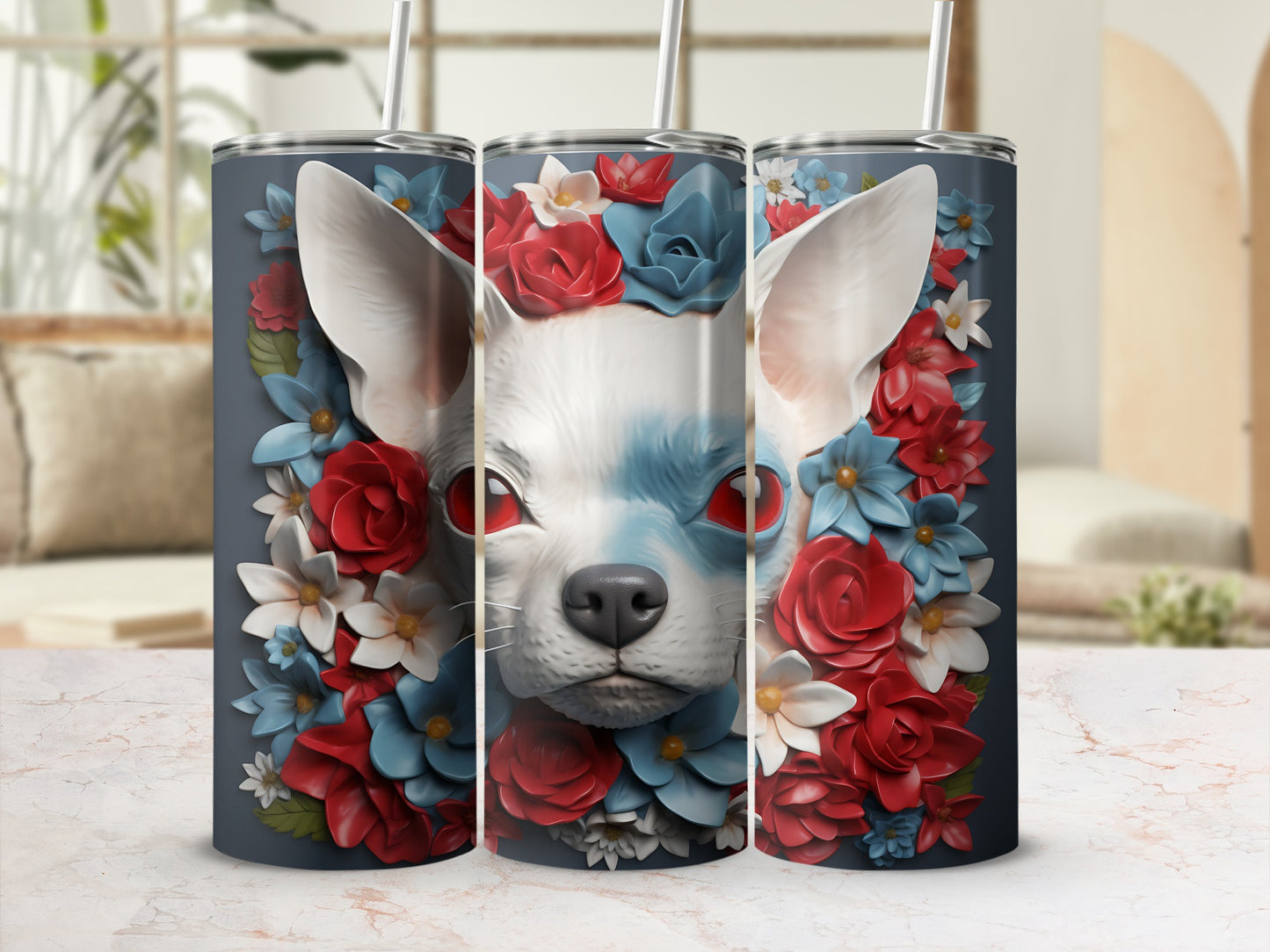 White dog with blue eyes surrounded by red and blue flowers.