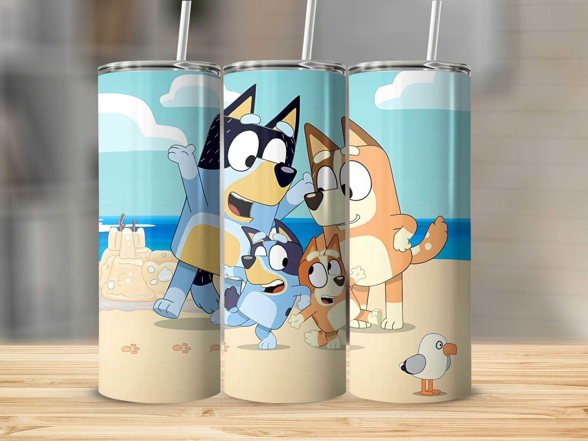 Playful Cartoon Beach Family Scene Tumbler Cup