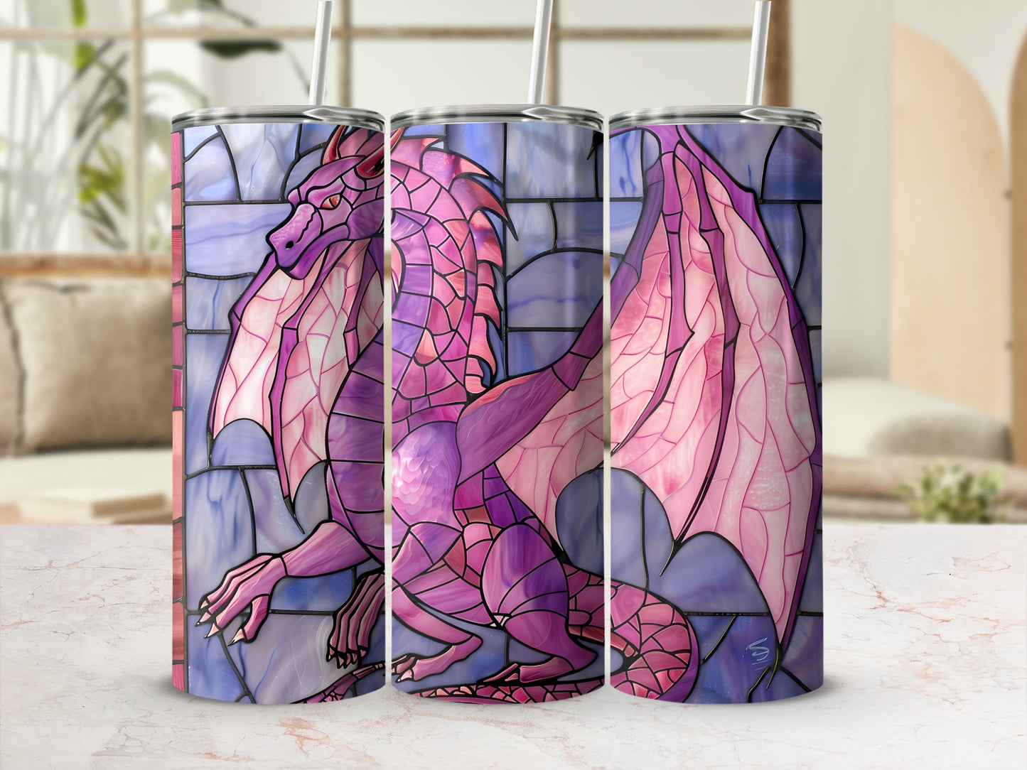 Stained glass dragon tumbler with purple and pink wings.