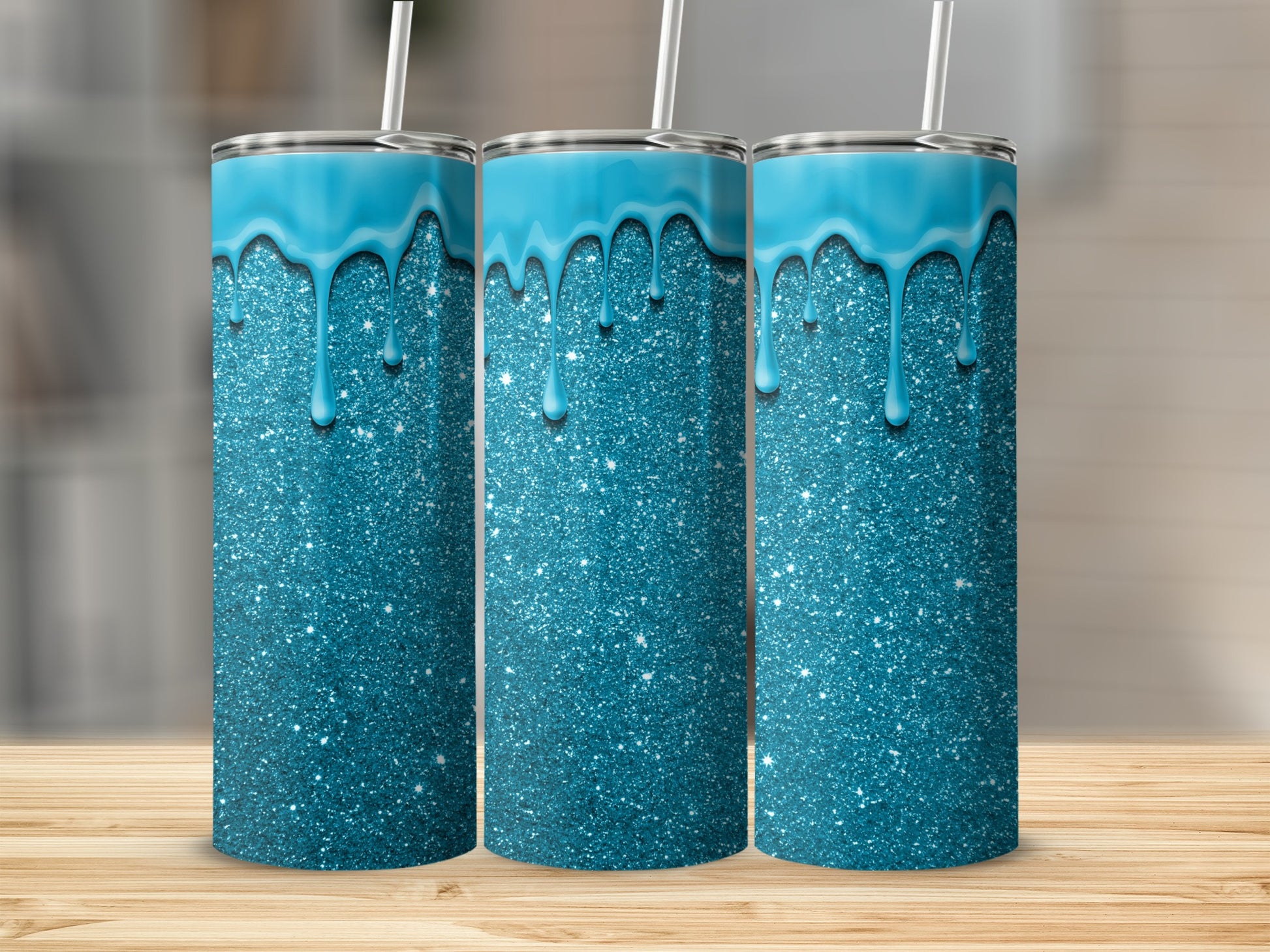Glittering Blue Dripping Design Stainless Steel Tumblers