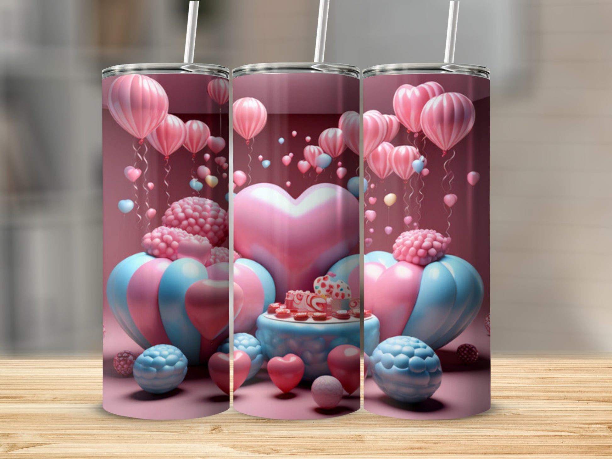 Pink and blue Valentine's Day themed tumbler with hearts and balloons.