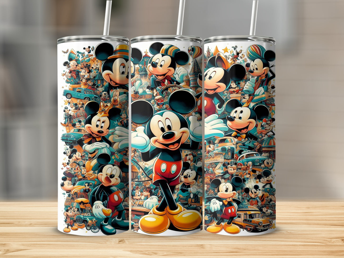 Three tumblers with Mickey Mouse and cartoon cars design.