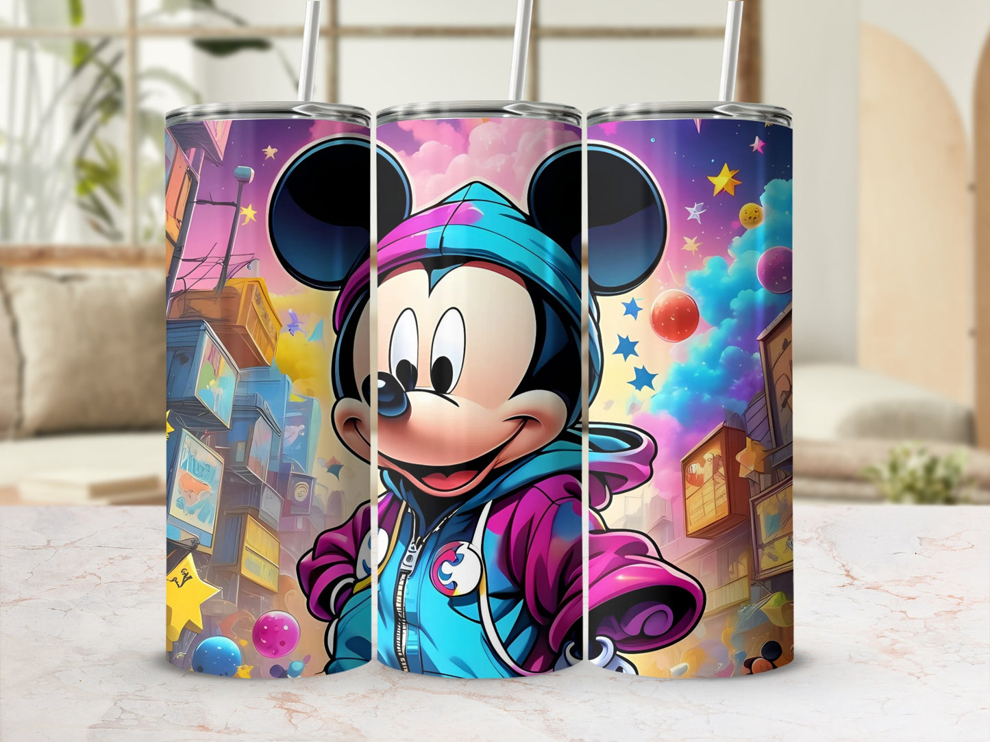 Colorful Mickey Mouse Cityscape Tumbler Cup Design