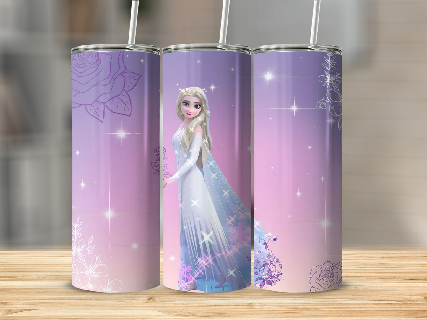Frozen Character Floral Designed Tumbler with Straw