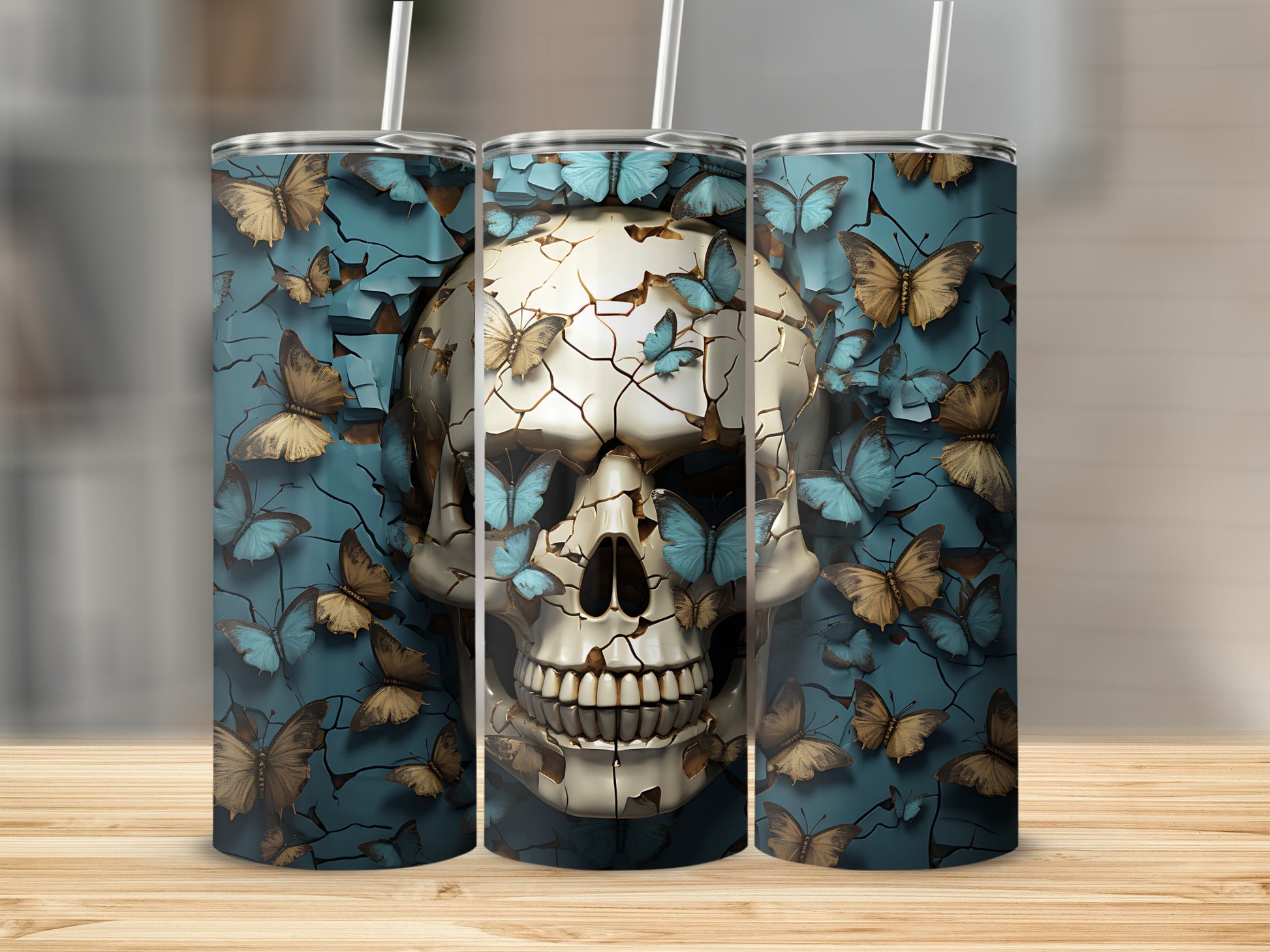 Skull and butterflies design on three tumblers with straws.