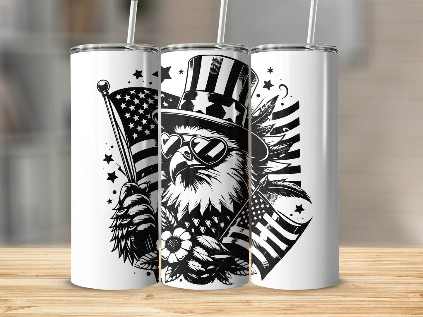 Eagle wearing top hat and sunglasses holding American flag.