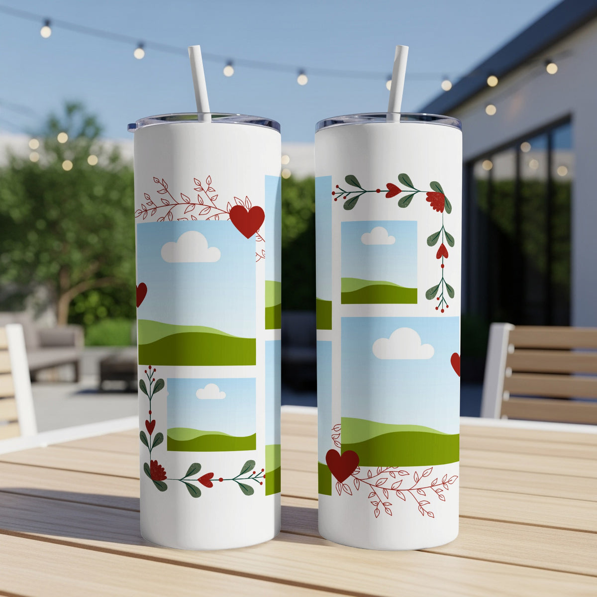 Two white tumblers with straw, featuring photo frames, hearts, and floral designs.