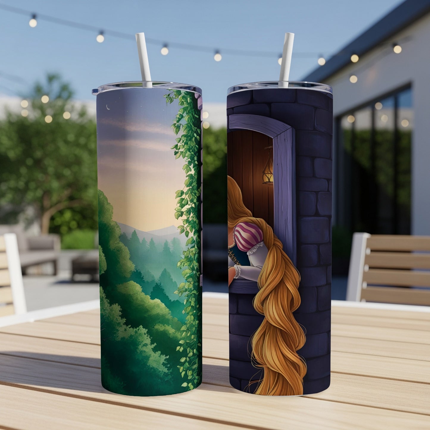 Tangled Rapunzel looking out window on a colorful tumbler.