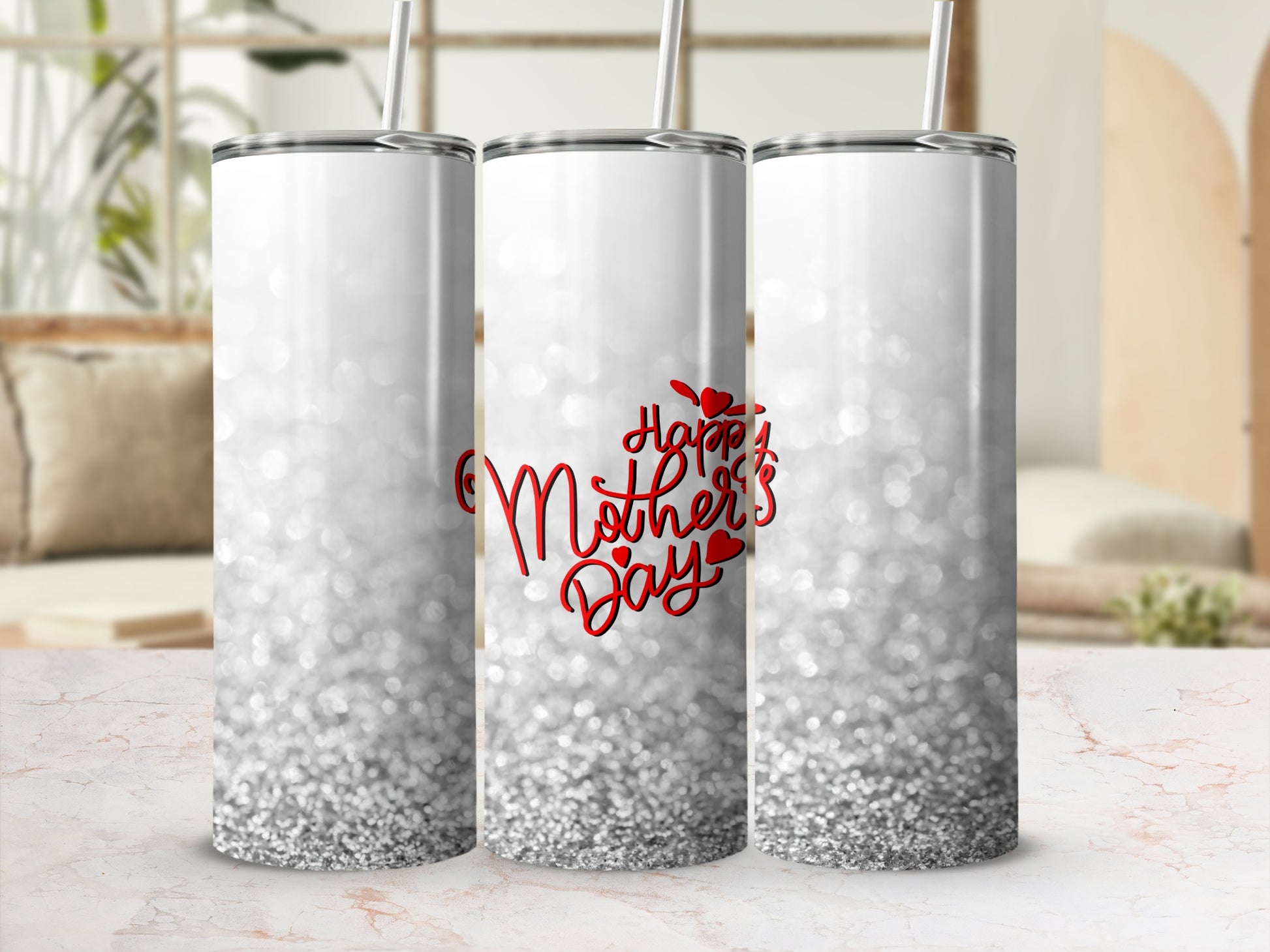Three glittery tumblers with "Happy Mother's Day" text in cursive.