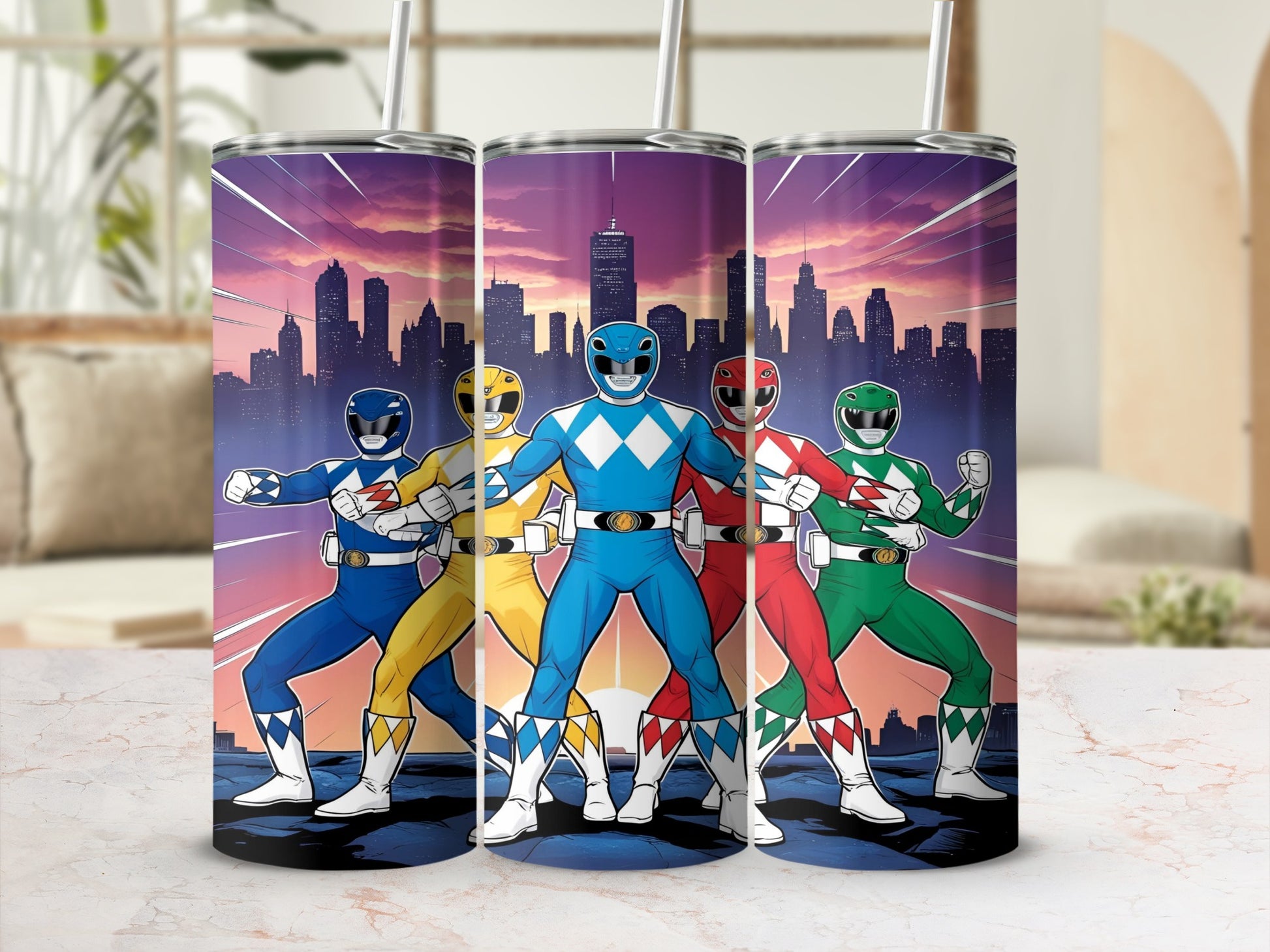 Five Power Rangers in formation against a city skyline.