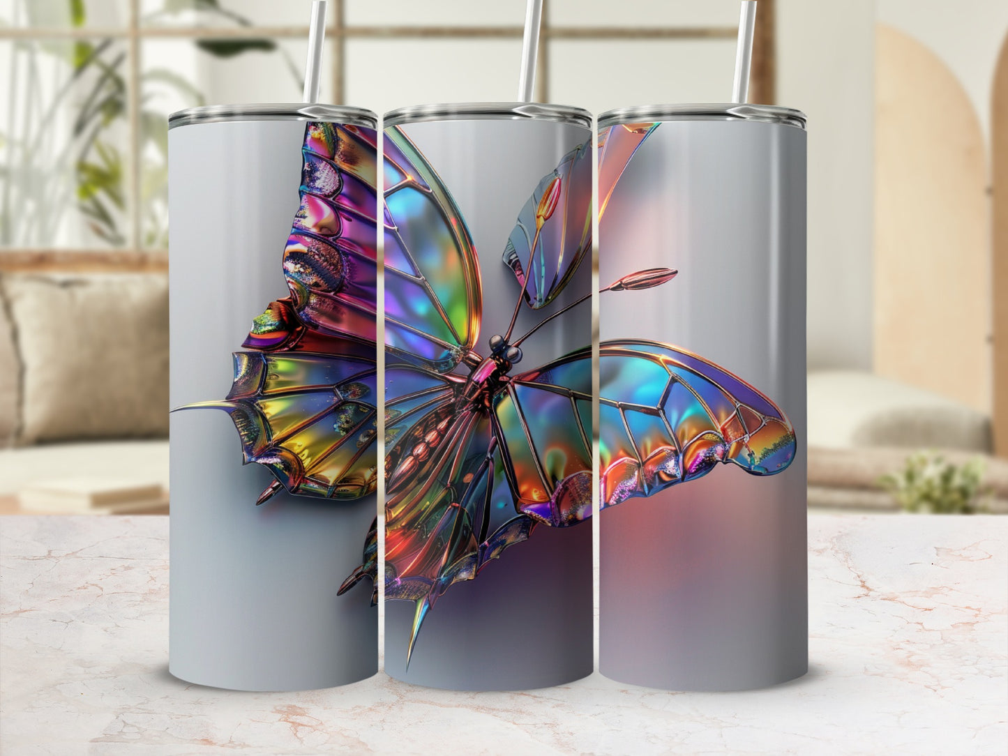 Three tumblers featuring a detailed, iridescent butterfly design.
