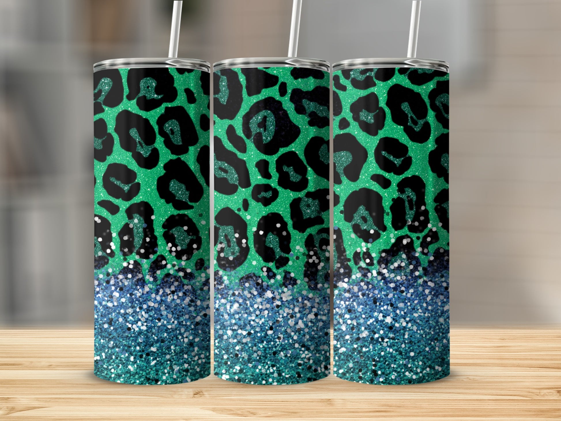 Green Leopard Print and Blue Glitter Tumbler Cup