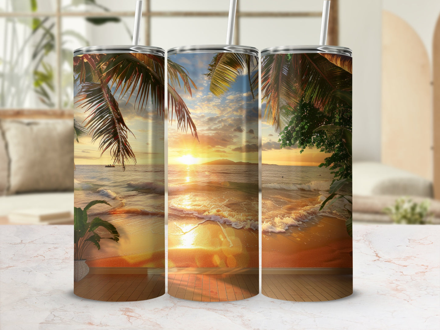Tropical sunset scene on three tumblers with palm trees and ocean waves.