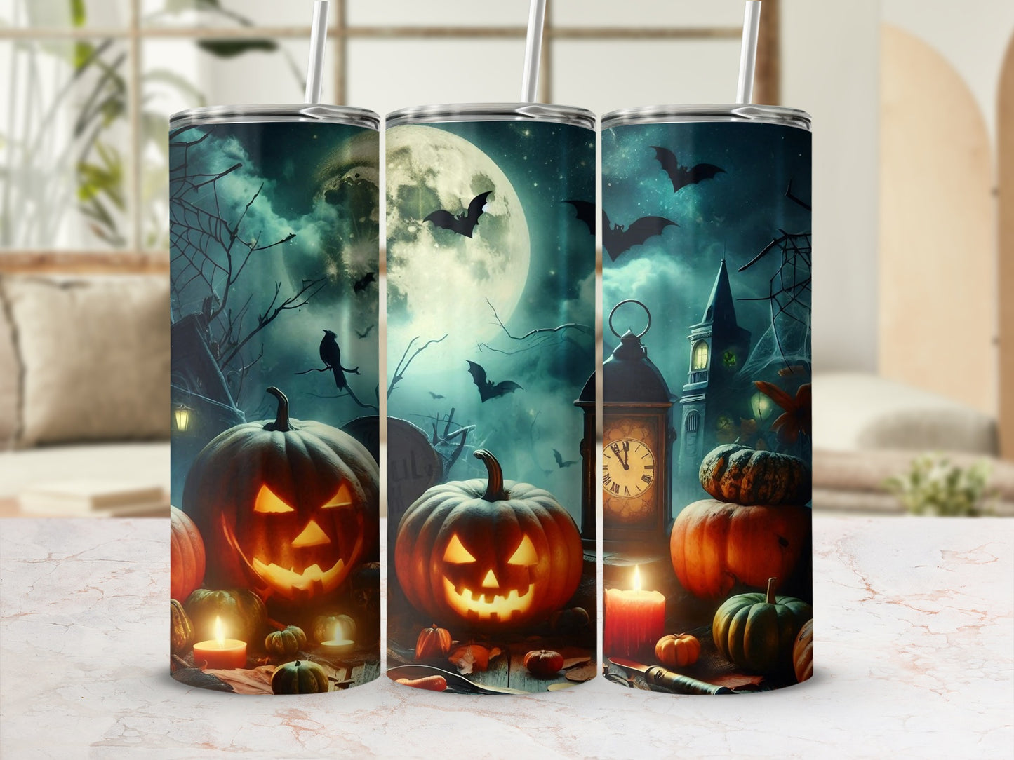 Halloween Night Pumpkin and Bat Theme Tumbler Cup