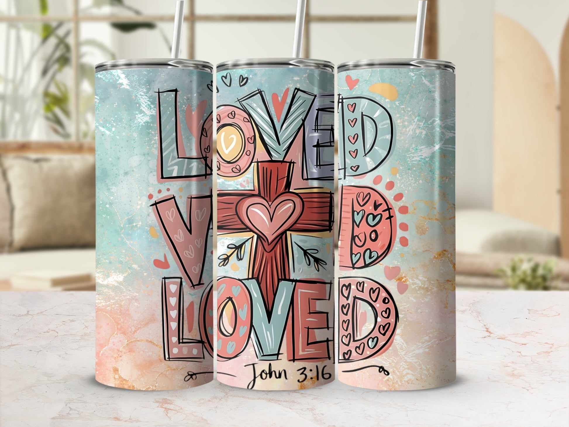 Loved John 3:16 Hearts and Cross Tumbler