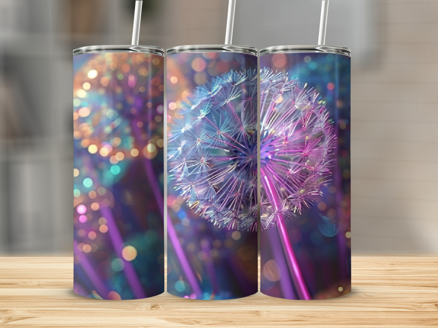 Three tumblers featuring a close-up of a dandelion with colorful bokeh lights.