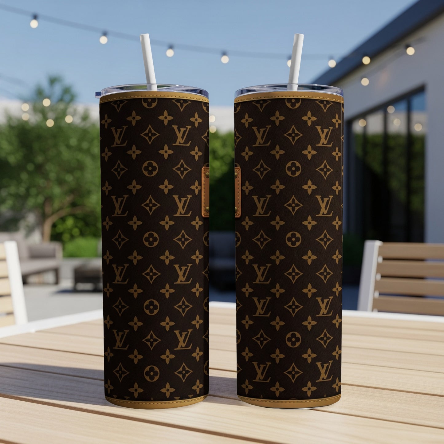 Two tall tumblers with a classic LV monogram pattern on a patio table.