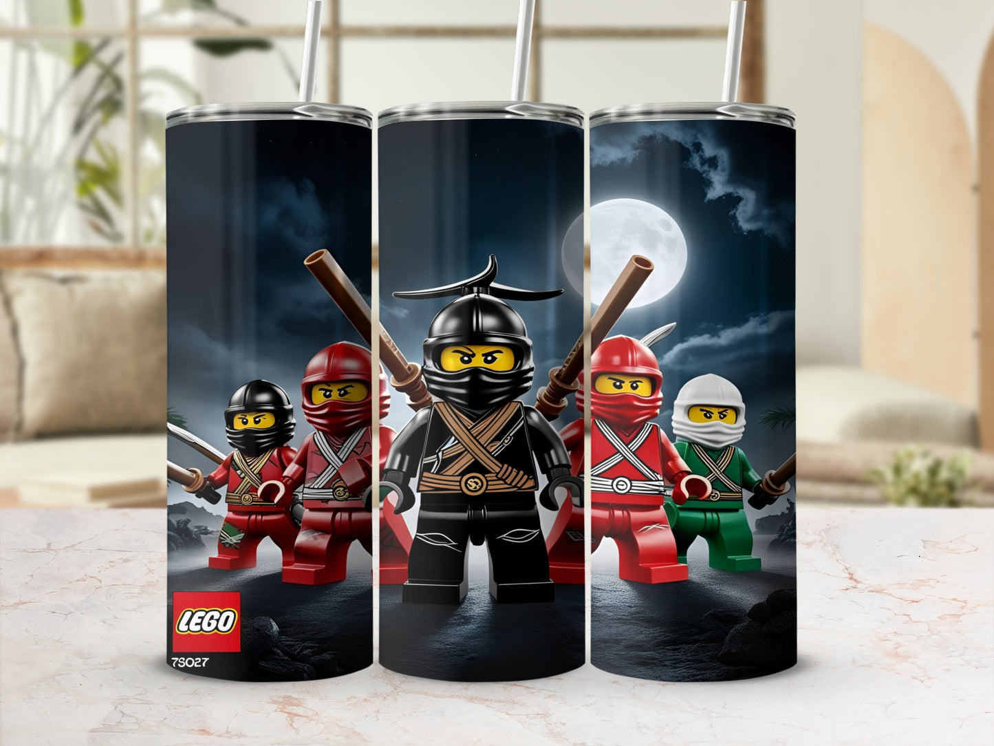 Lego ninjas with swords stand in front of a full moon.