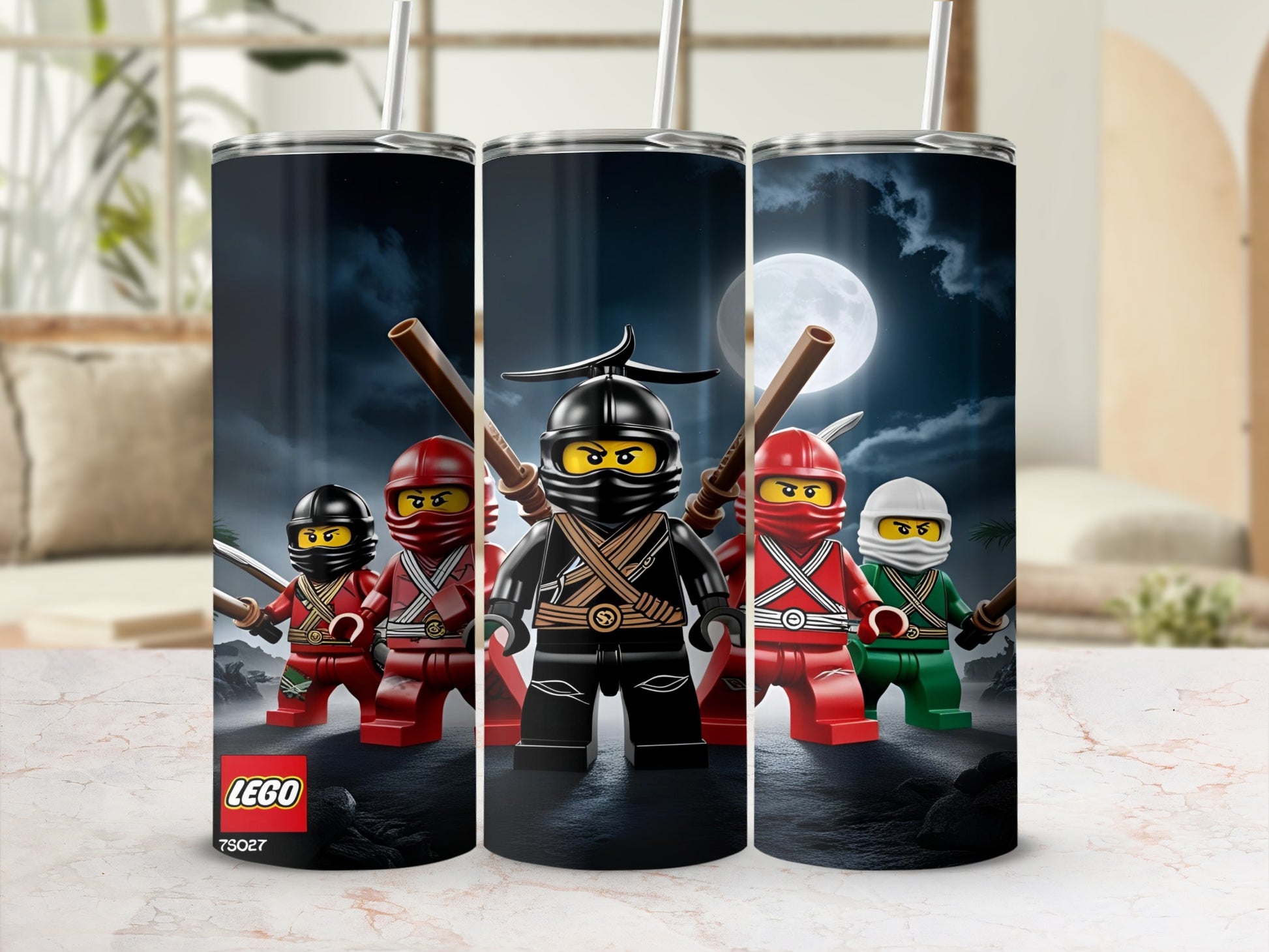 Lego ninjas with swords stand in front of a full moon.