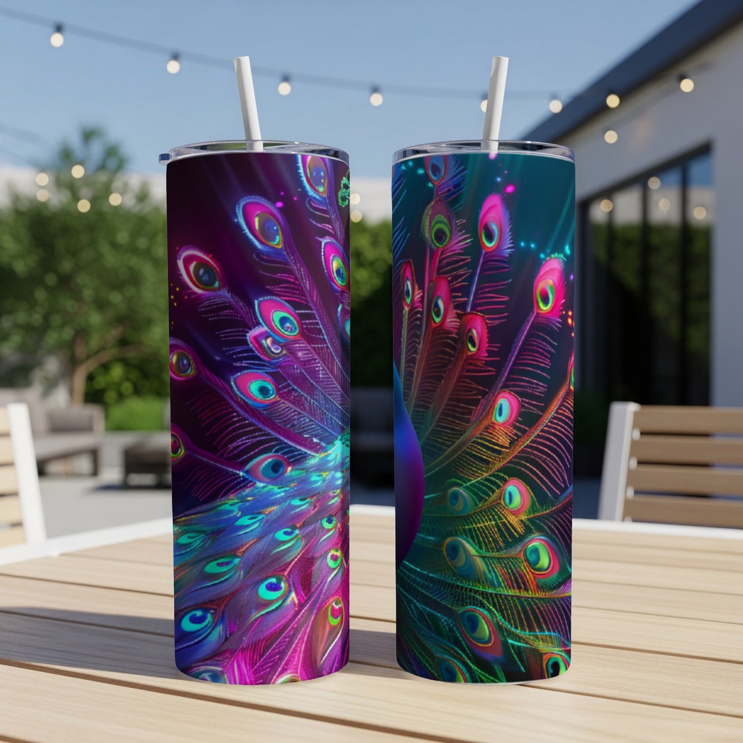 Two tumblers with vibrant peacock feather designs displayed on a table.
