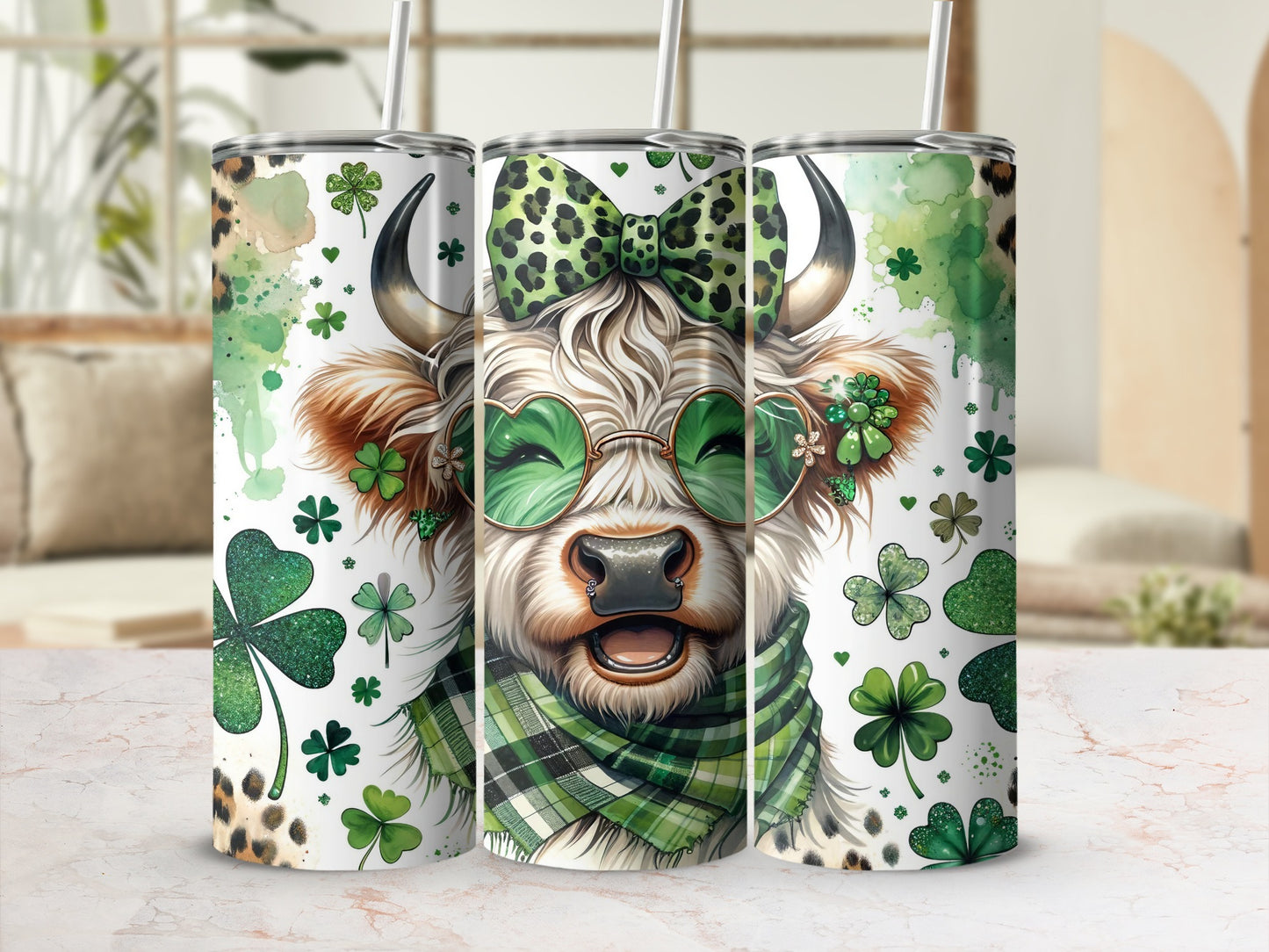 Cow with green glasses and clover pattern on tumbler.