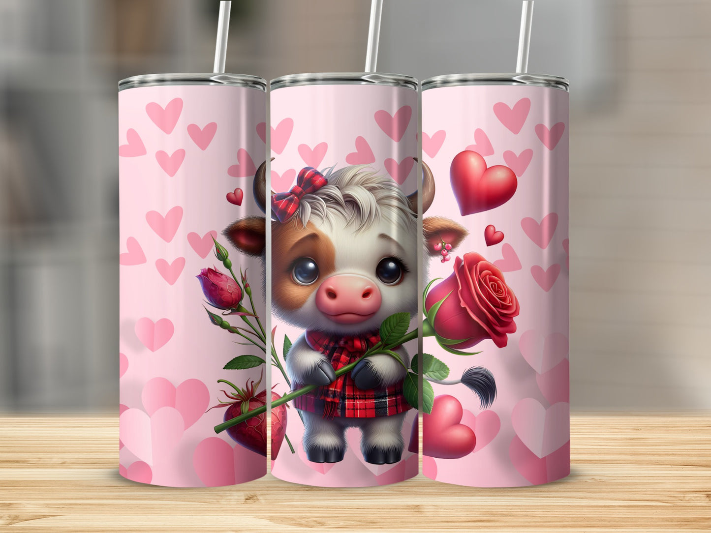 Cute Cow with Roses and Hearts Tumbler Design