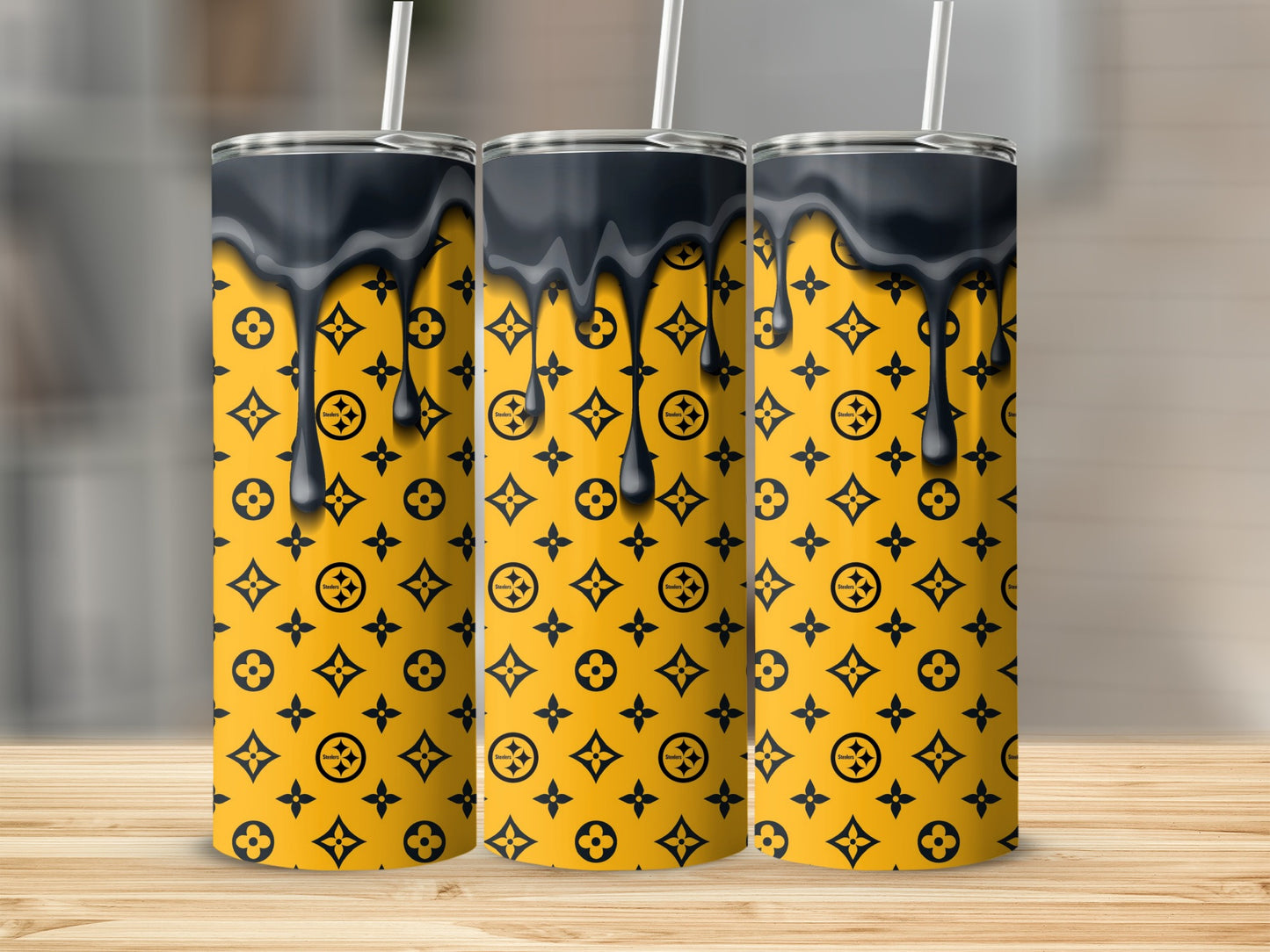 Steelers Pattern With Black Drips Design Tumblers