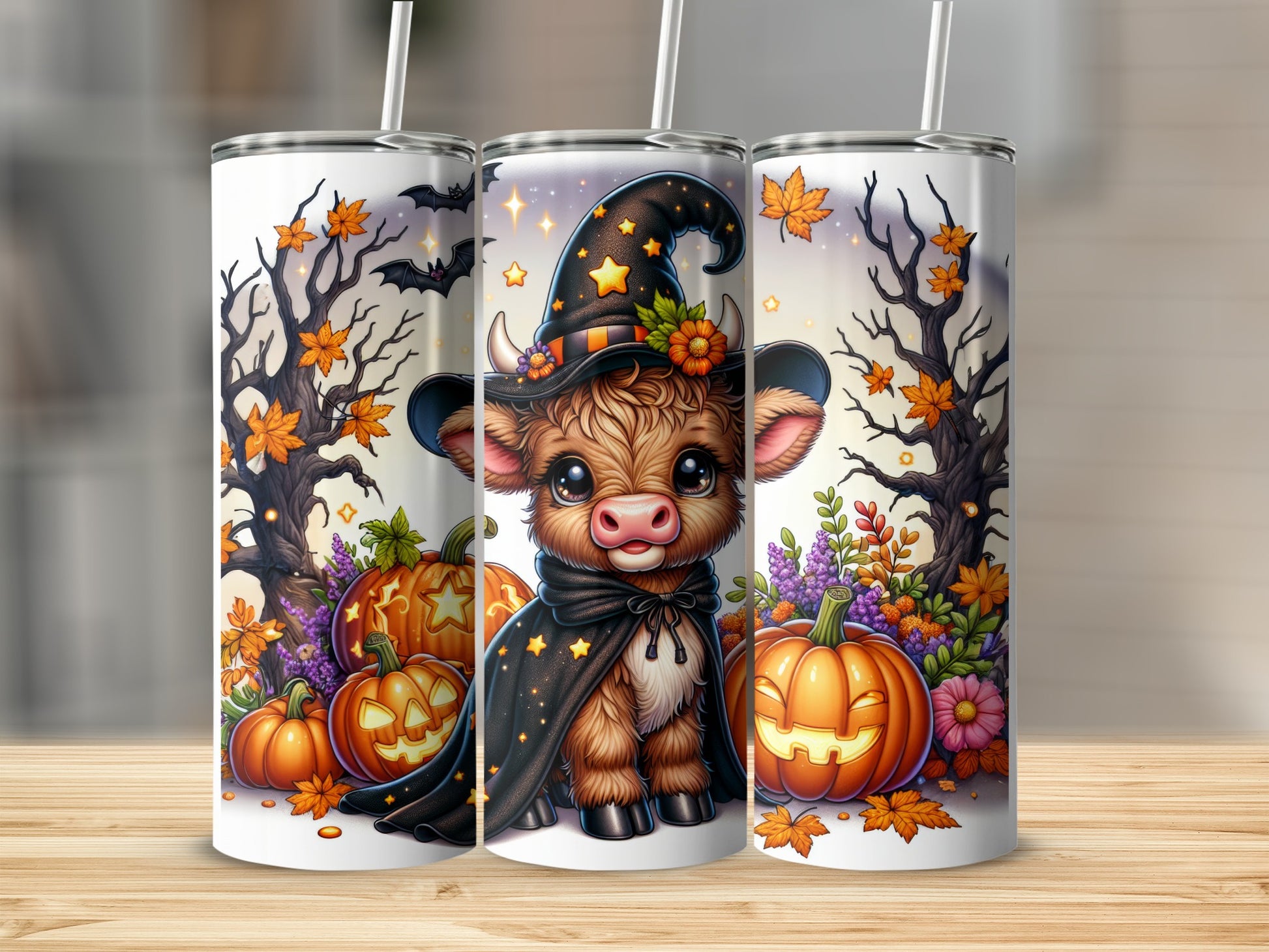 Cute cow wearing a witch hat and cape with pumpkins and fall trees.