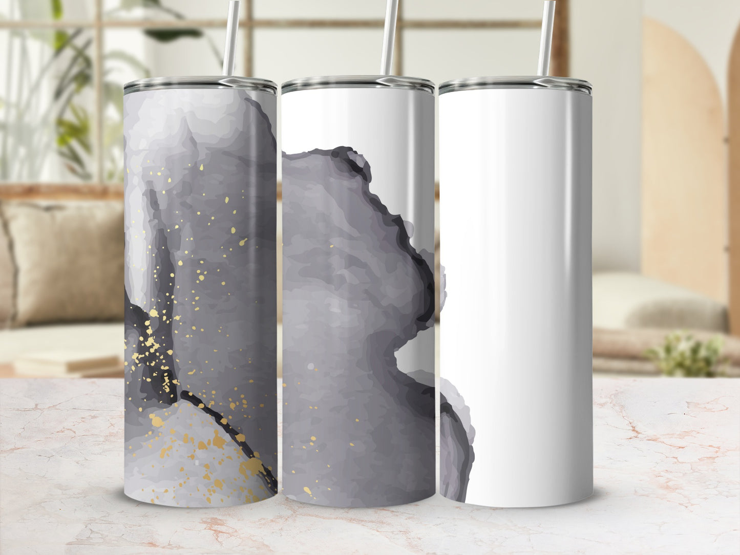 Three tumblers with abstract gray watercolor and gold speckle designs.