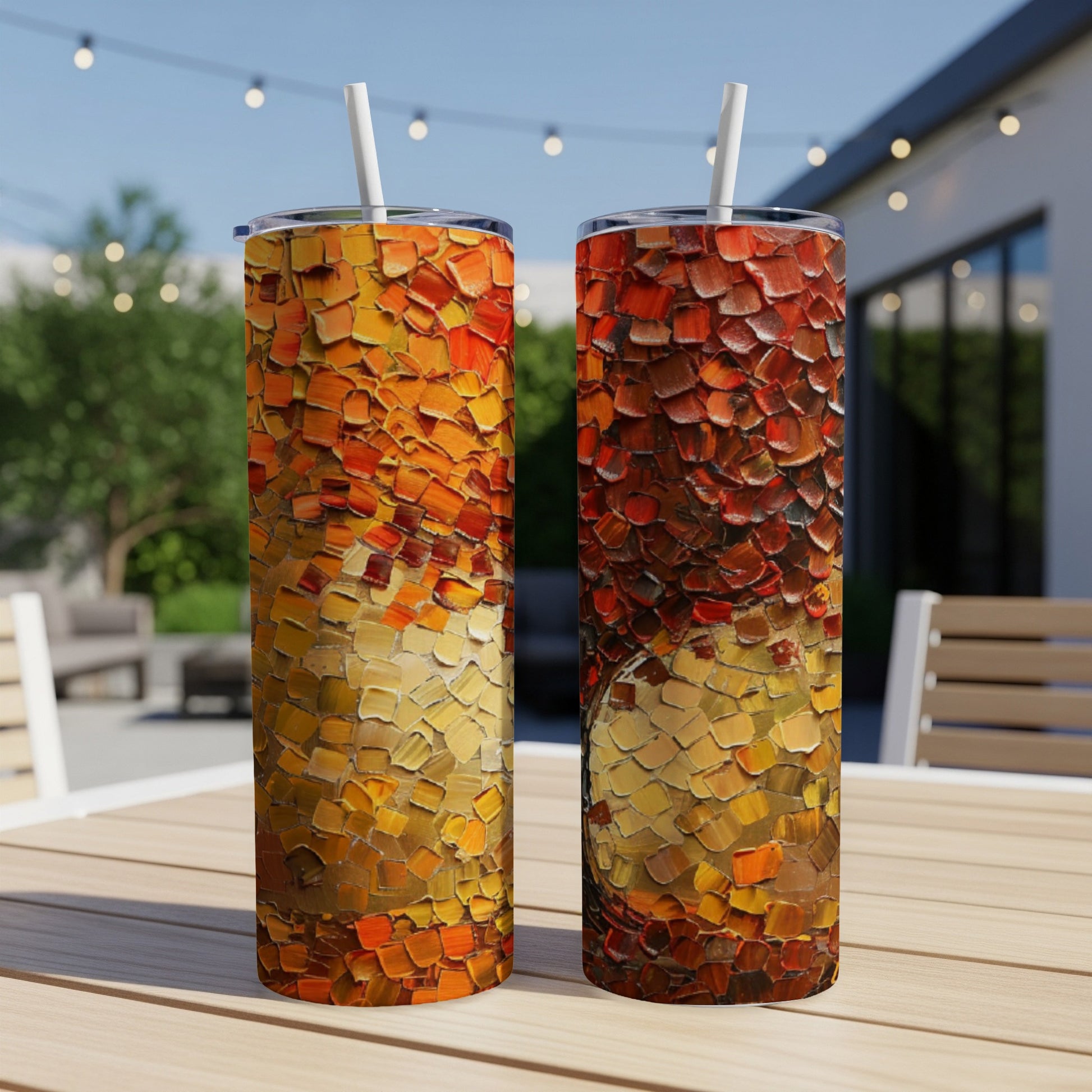 Two tumblers with abstract mosaic art in warm, textured colors.