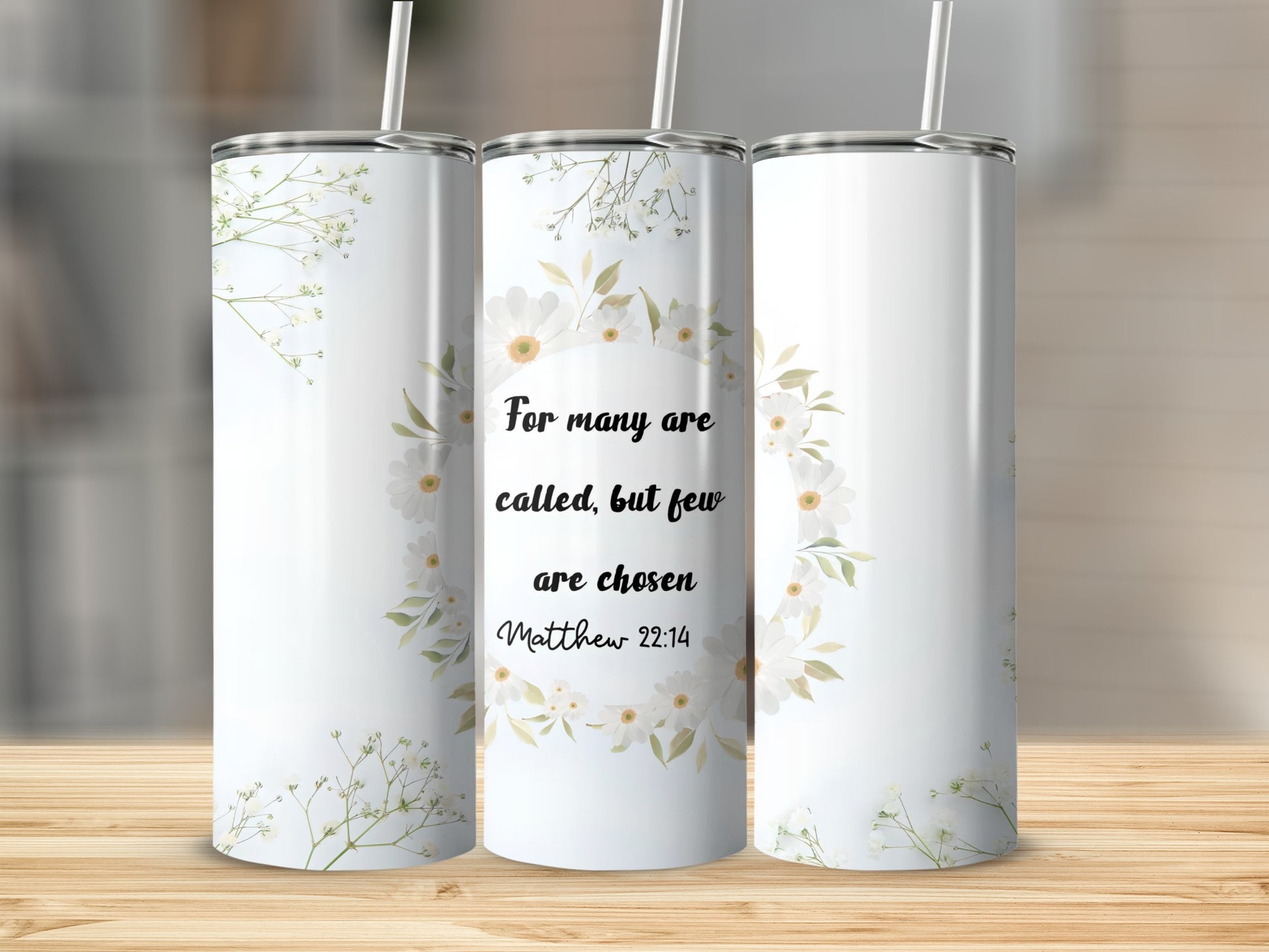 Floral Tumbler with Matthew 22:14 Inspirational Quote