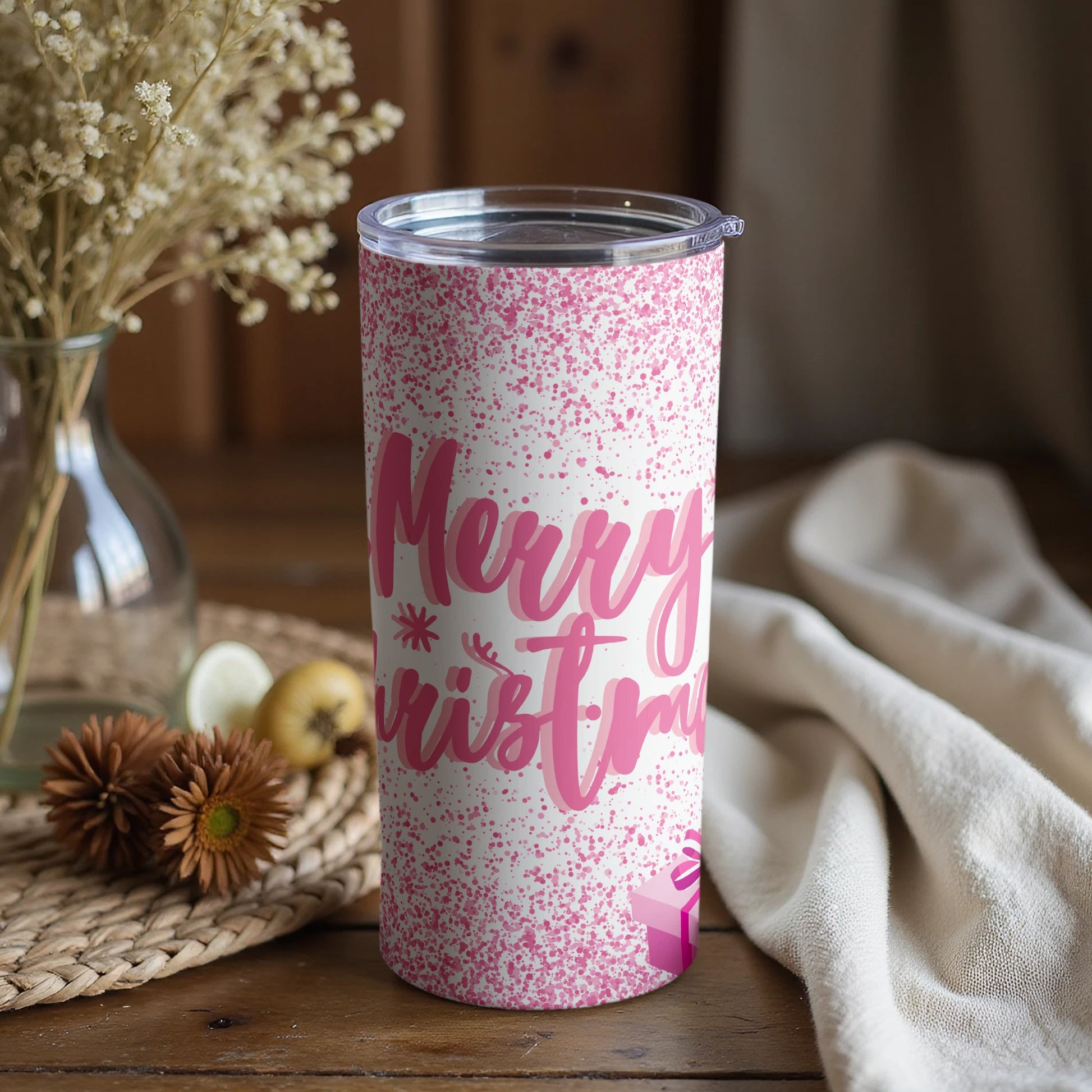 Merry Christmas Pink Glitter Tumbler for Holidays