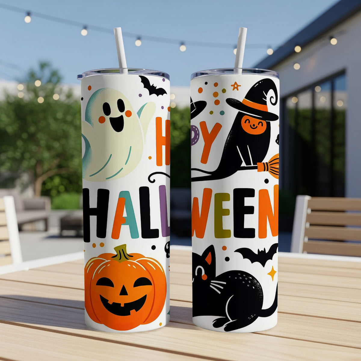Two Halloween-themed tumblers with ghost, pumpkin, black cat, and witch designs.