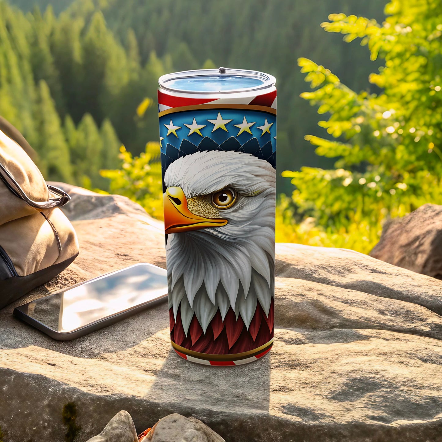Eagle head on a patriotic tumbler with stars and red and white stripes.
