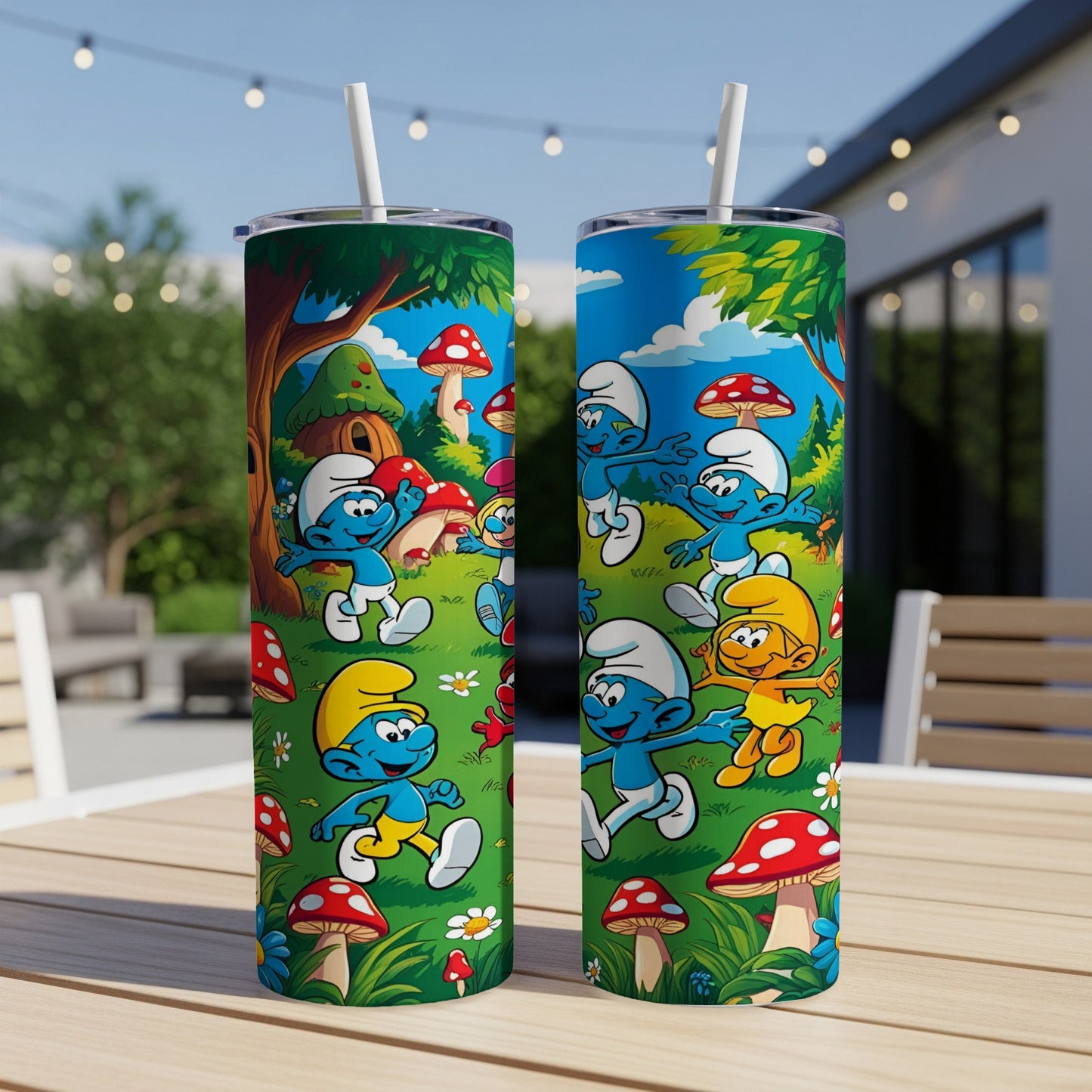 Smurfs in a forest setting with mushrooms on a double-walled tumbler.