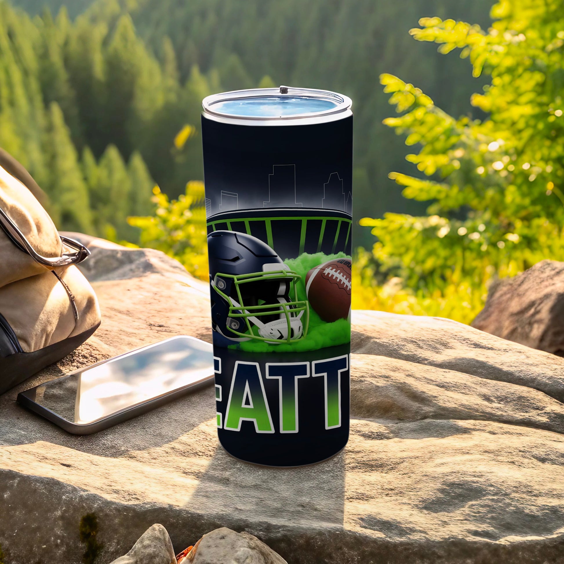 Seattle Seahawks football tumbler with helmet and football.
