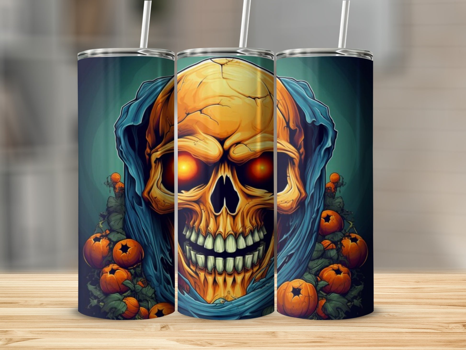 Spooky Glowing Skull with Pumpkins Tumbler product