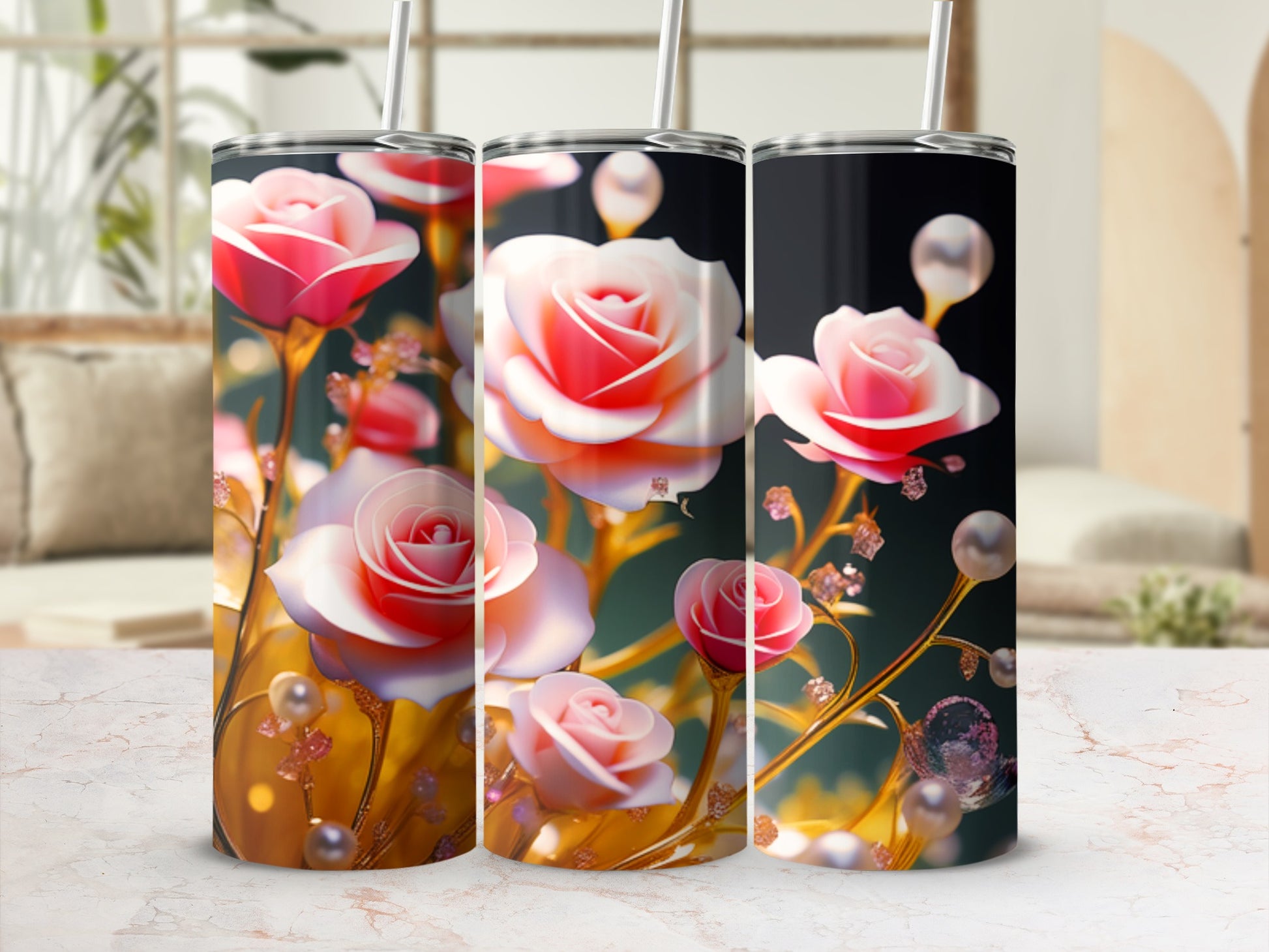 Three tumblers with pink roses and gold accents.