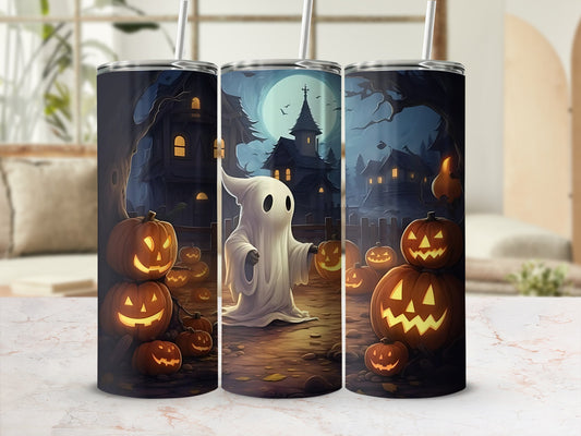 Tumbler with Halloween scene featuring ghost, pumpkins, and haunted houses under a full moon.