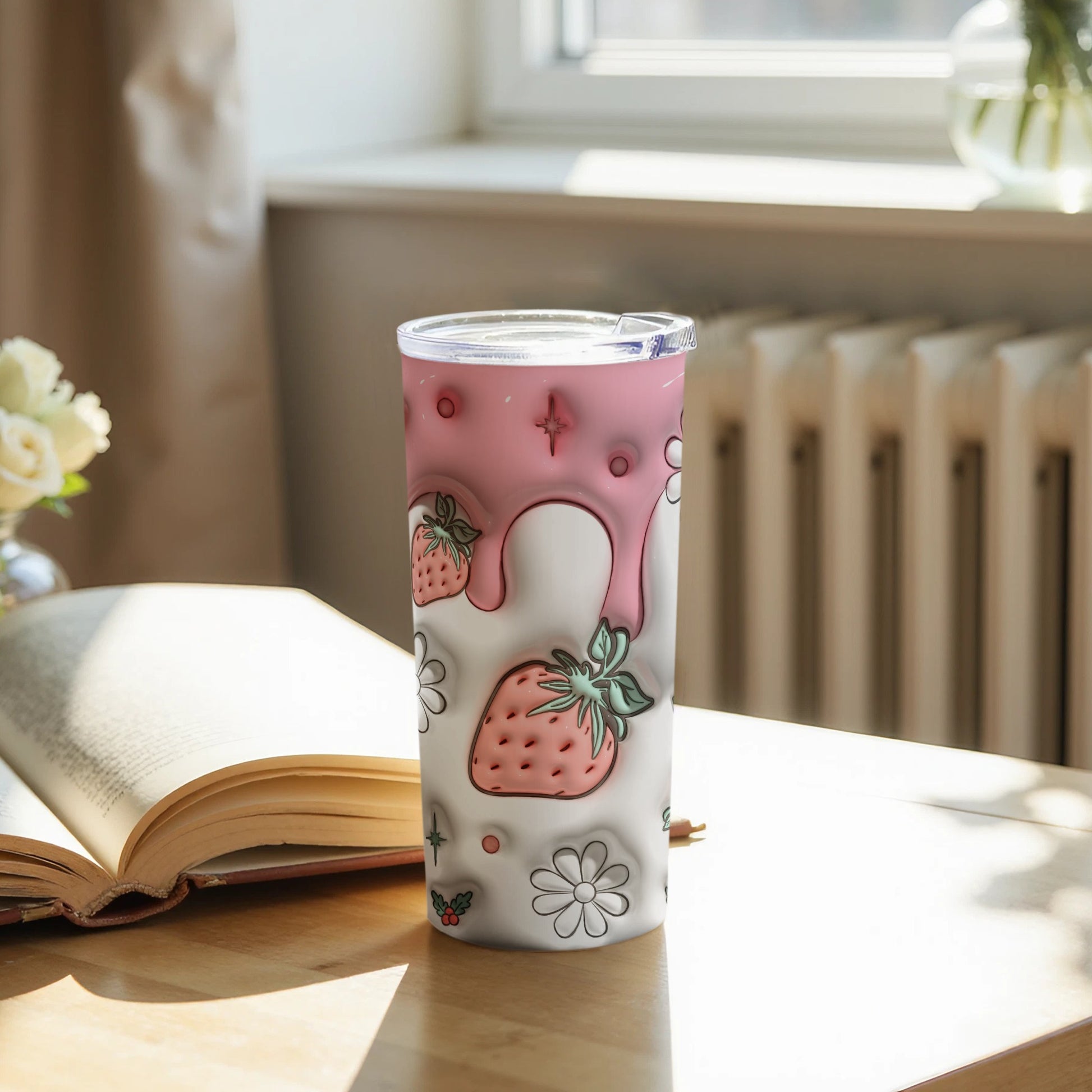 Cute Pink Strawberry and Floral Design Tumbler Cup