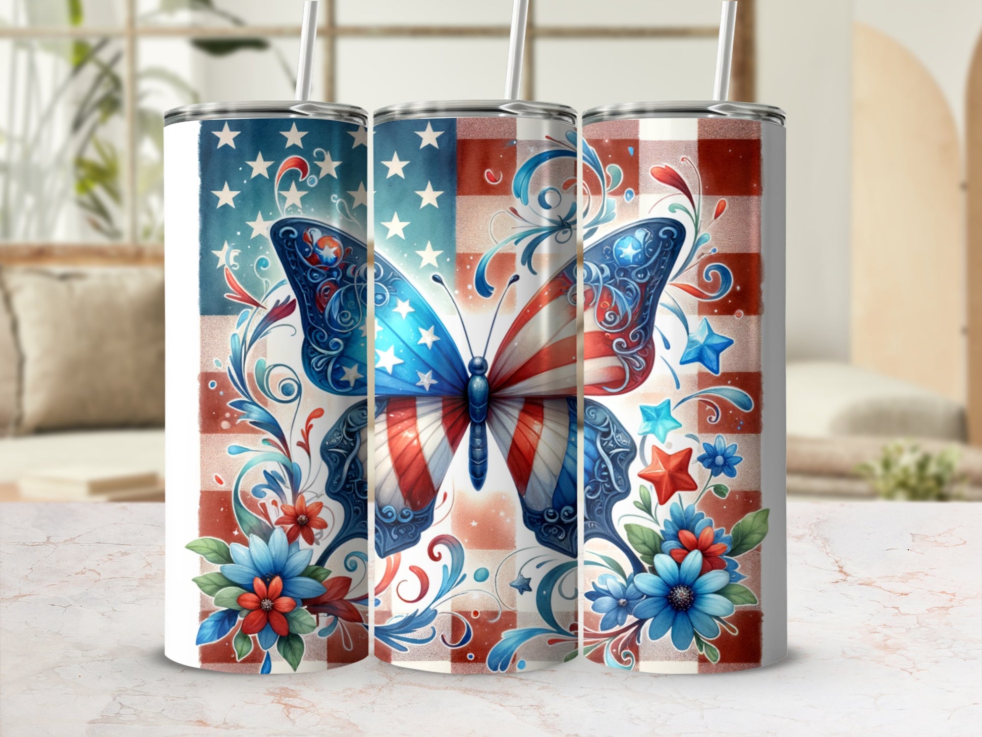 American flag butterfly and floral design on a white tumbler.