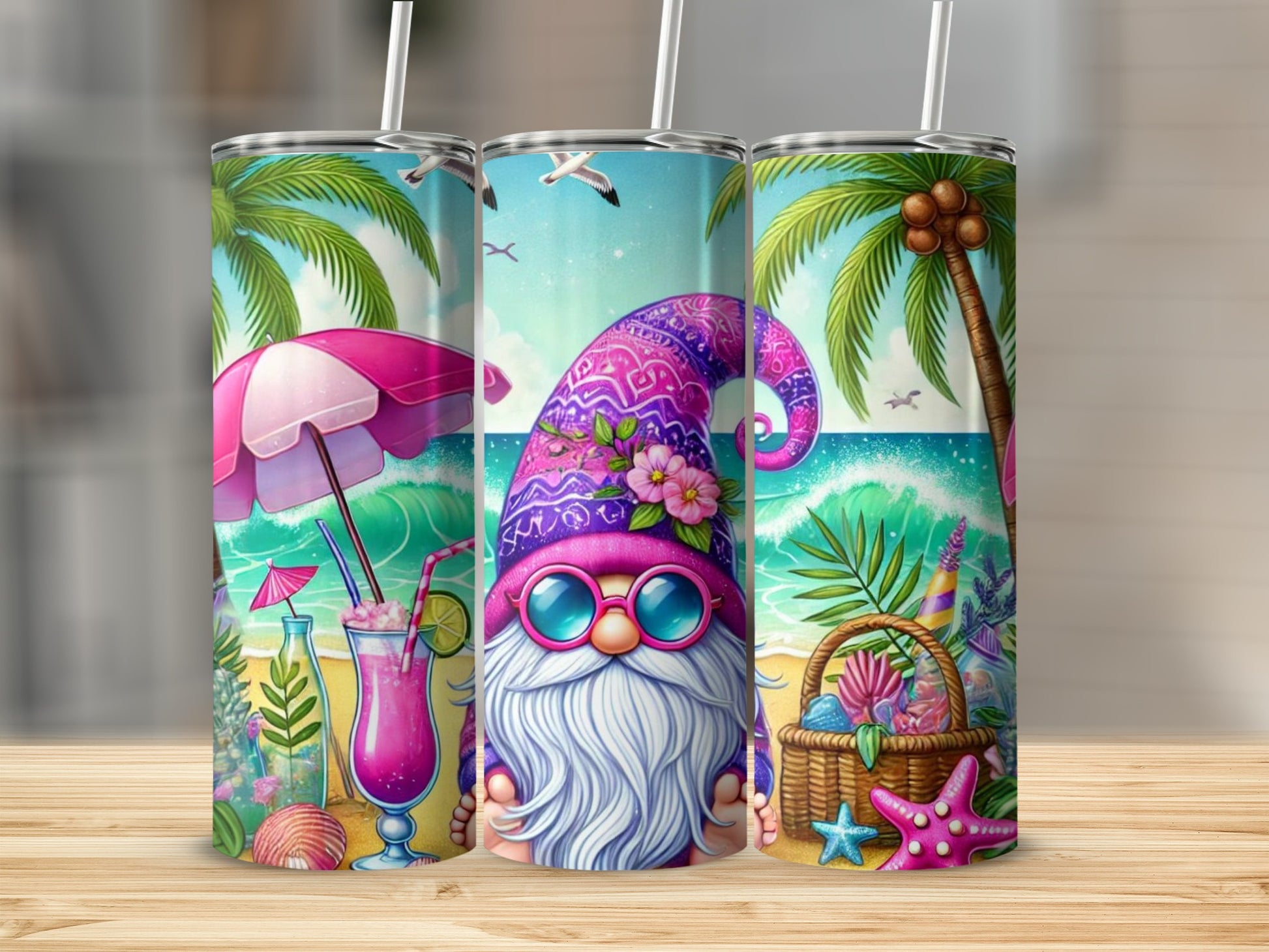 Gnome in sunglasses and pink hat with beach scene on three tumblers.