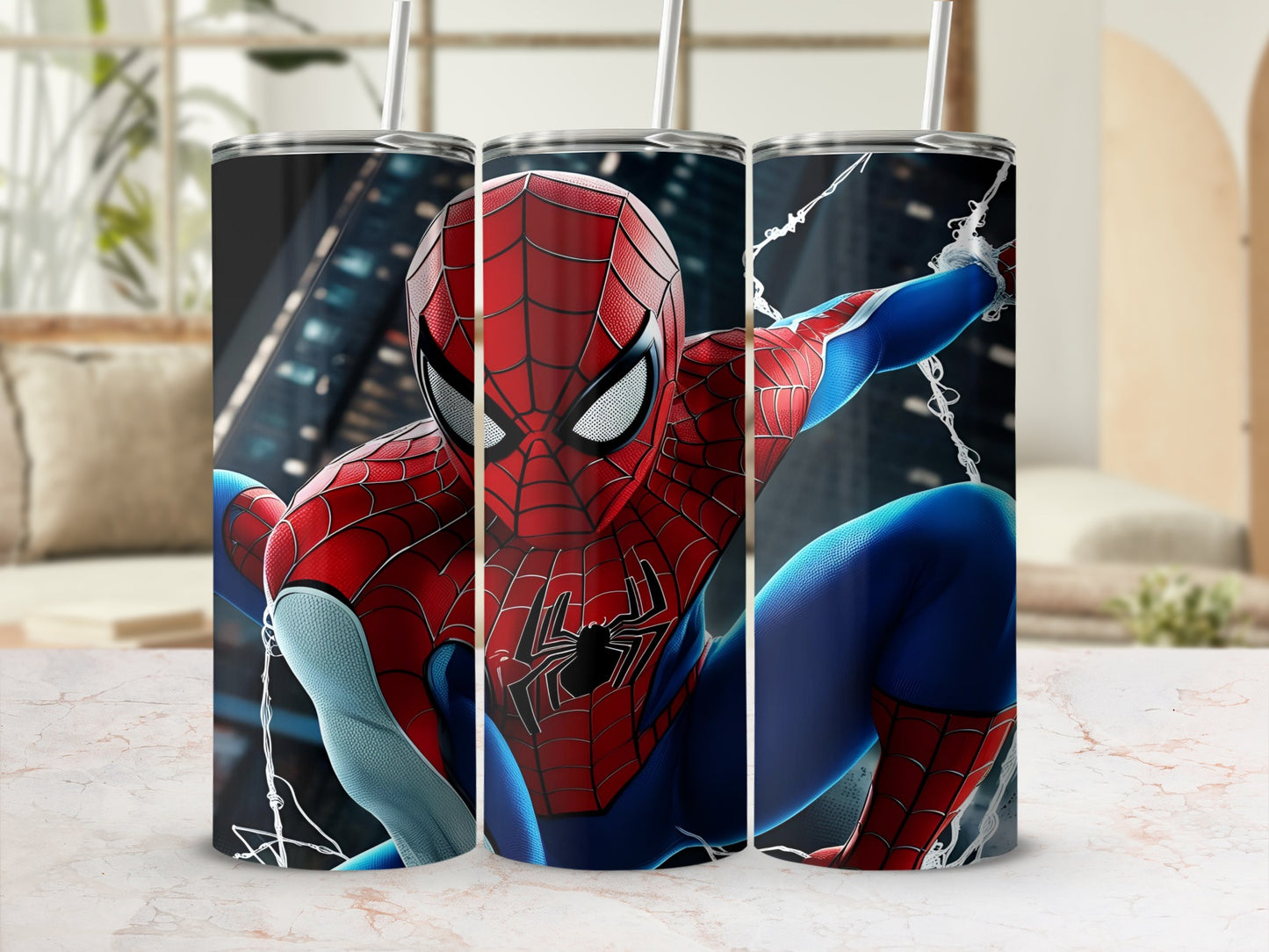 Spiderman tumbler with web details against a cityscape background.